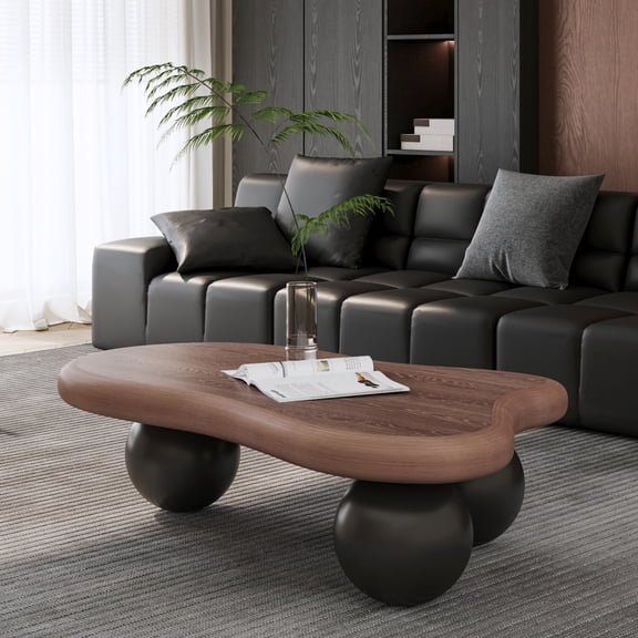 Noble House 47" Cloud Shaped Coffee Table with Ball Legs, Modern Aesthetic Accent Table for Living Room, Walnut Top Black Legs