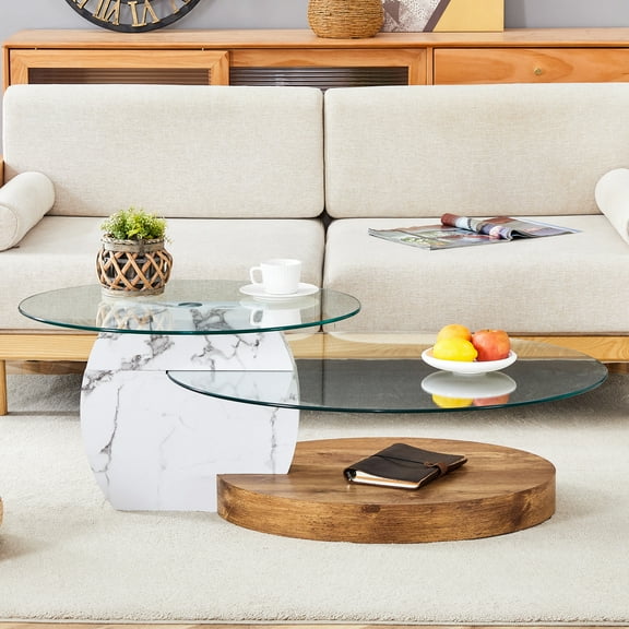 Noble House 47" Contemporary Double-Layer Coffee Table, Marble & Tempered Glass Table Top, Wood Grain Base, White