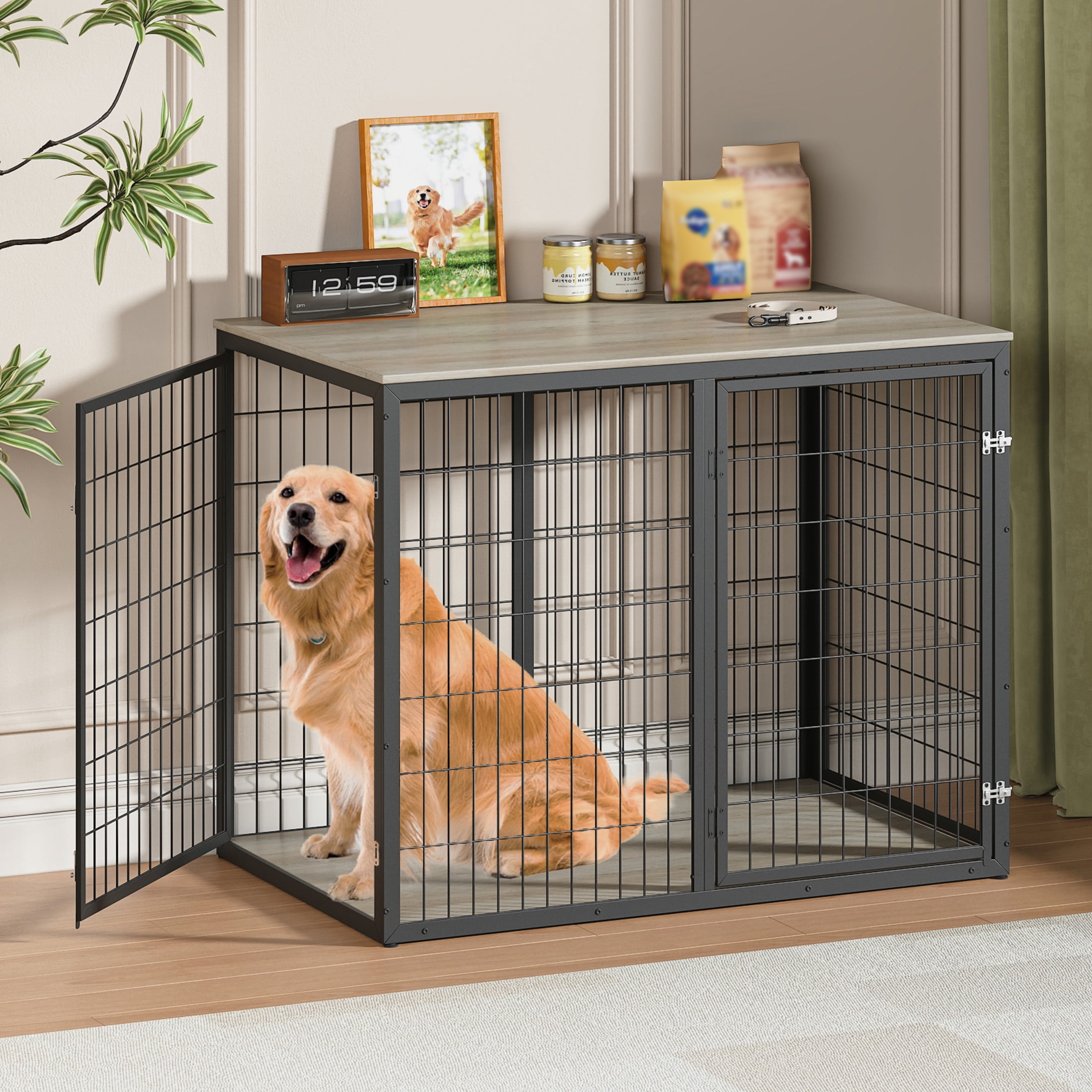 Noble House 47" Crate Furniture with 3 Doors, Wood Pet Cage for Large & Medium Dogs, Gray
