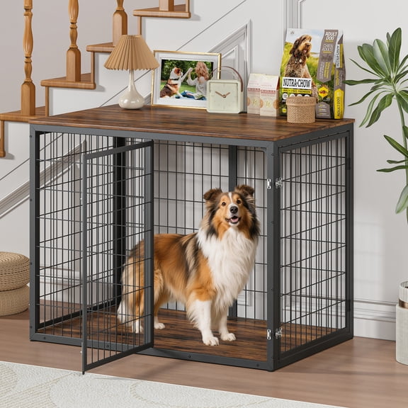 Noble House 47" Crate Furniture with 3 Doors, Wood Pet Cage for Large & Medium Dogs, Rustic Brown