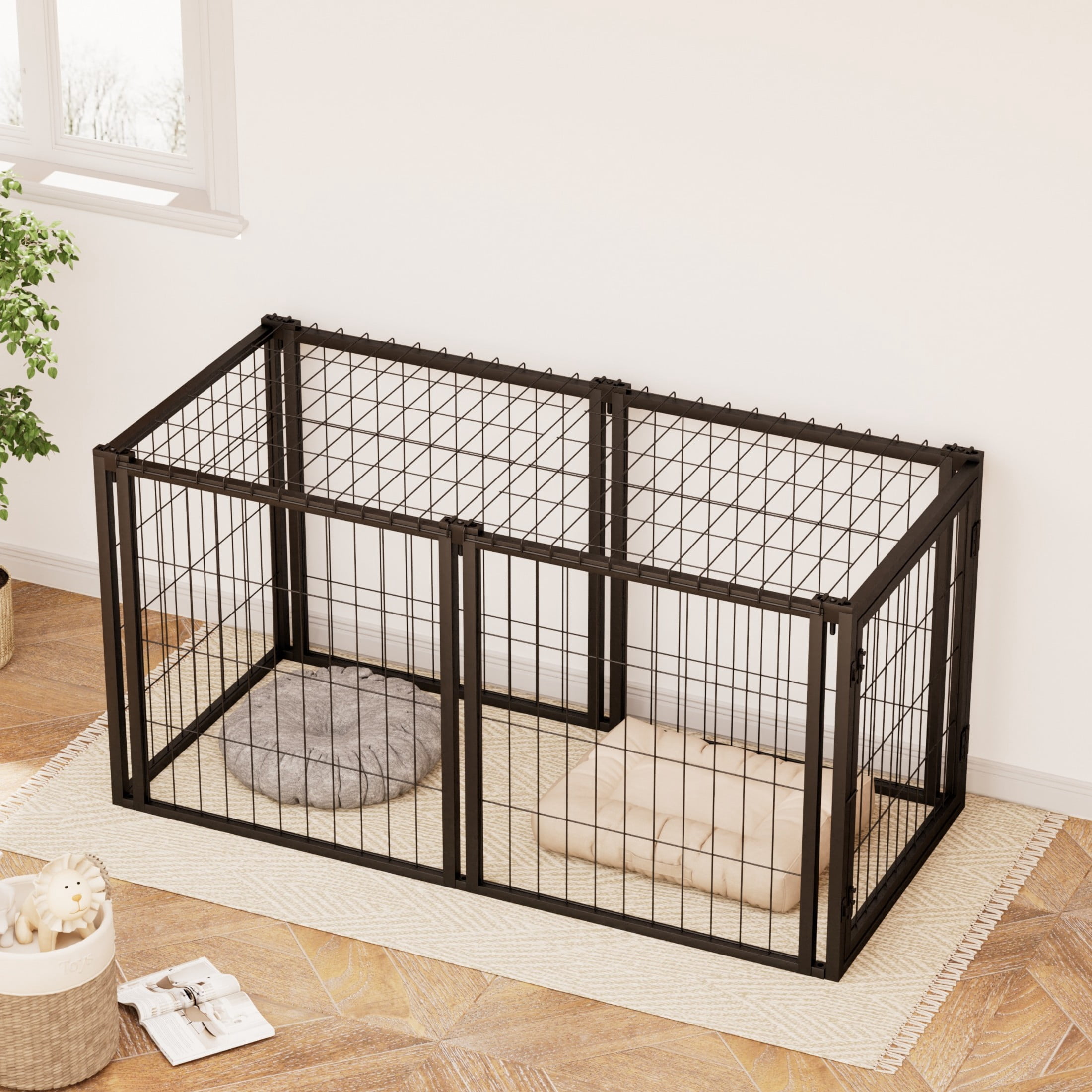 Noble House 47" Metal Dog Crate with Divider & Top Cover, Indoor Puppy Kennel for Small & Medium Dogs, Black