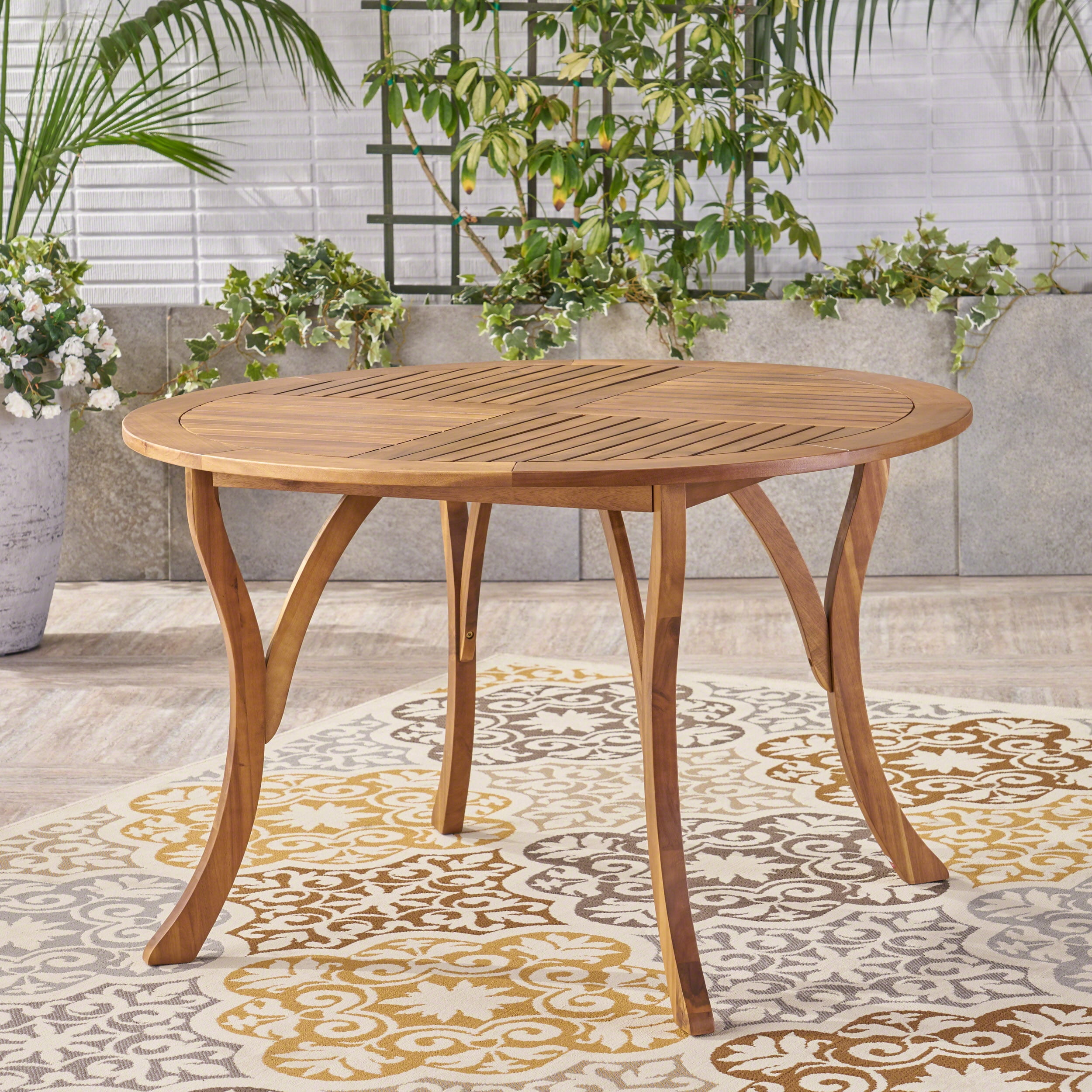 Calm Teak Brown Round Acacia Wood Outdoor Dining Table for 6