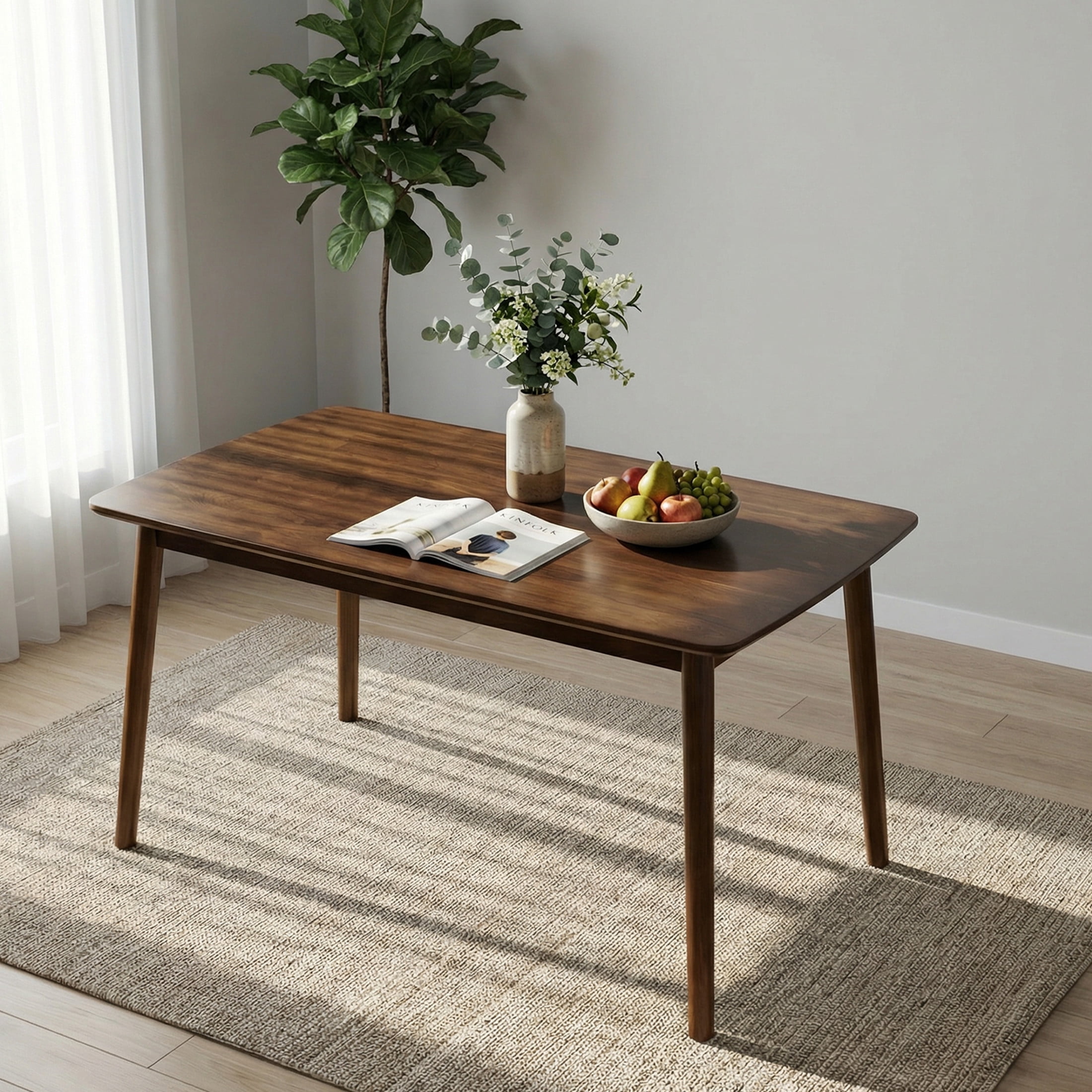 Noble House 47" Solid Wood Dining Table, Rectangular Mid-Century Kitchen Table with Rounded Corners, Walnut