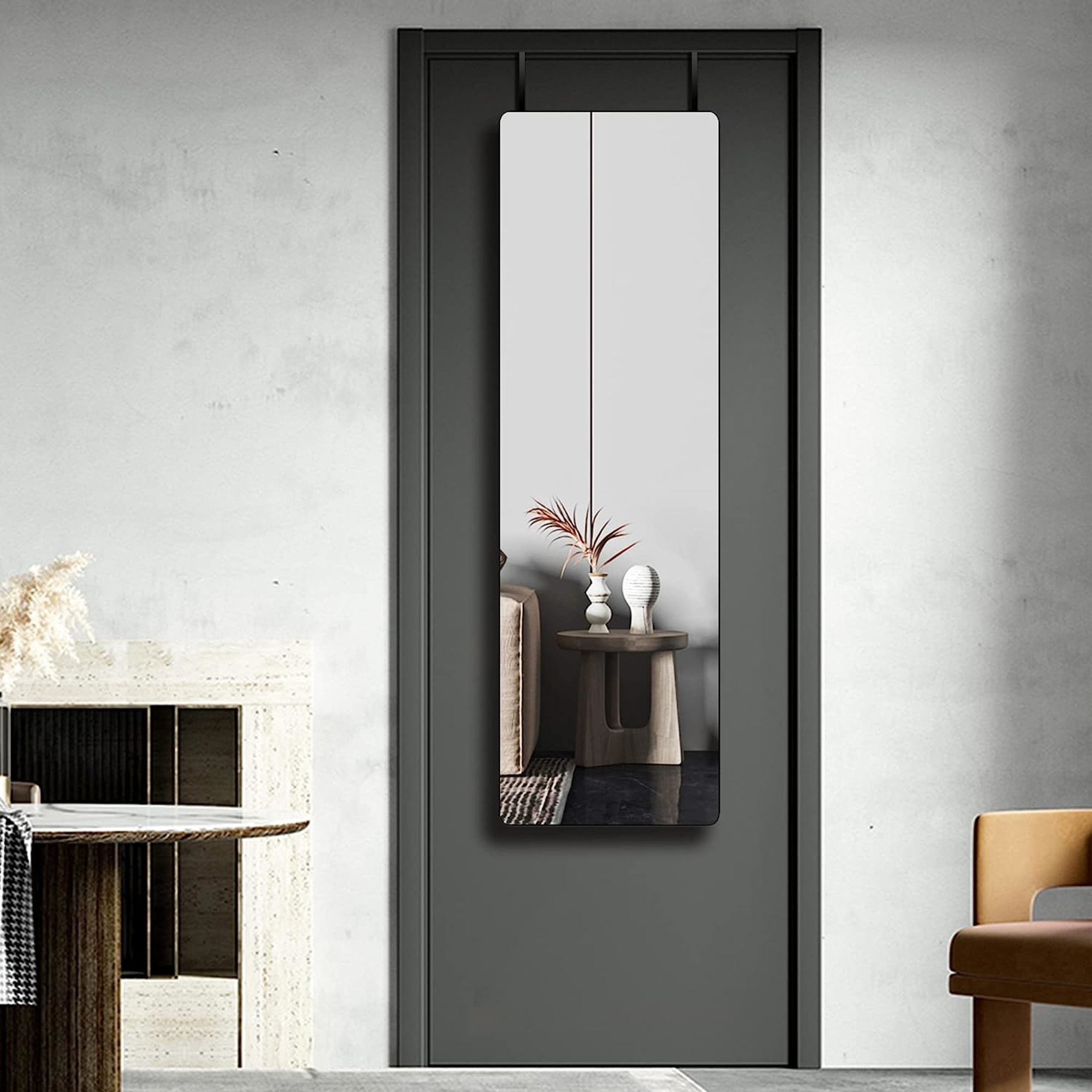 Noble House 47"x14" Rectangular Door Mirror, Aluminum Alloy Frame, HD Shatterproof Glass, Black