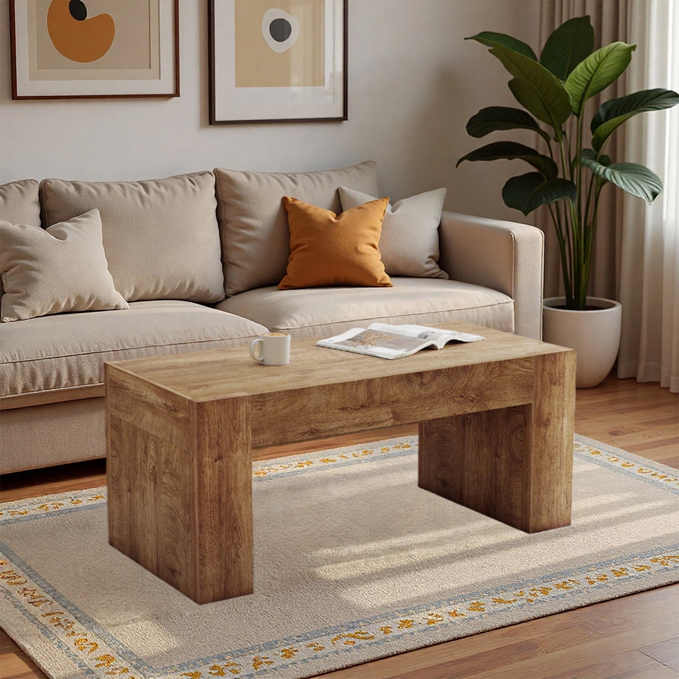 Noble House 48" Farmhouse Living Room Coffee Table, Rectangle Wooden Center Table with Hidden Storage, Natural