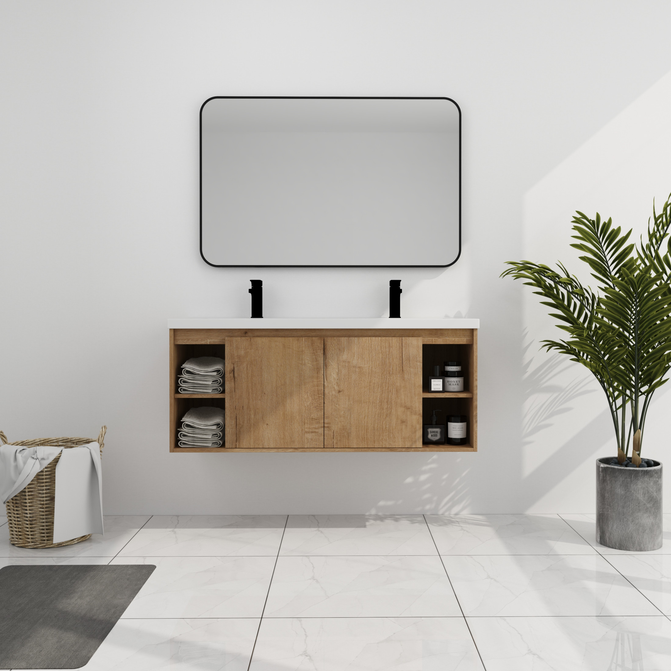 Noble House 48" Floating Bathroom Vanity, Double Resin Sinks, Soft-Close Doors, Open Side Storage, Imitative Oak