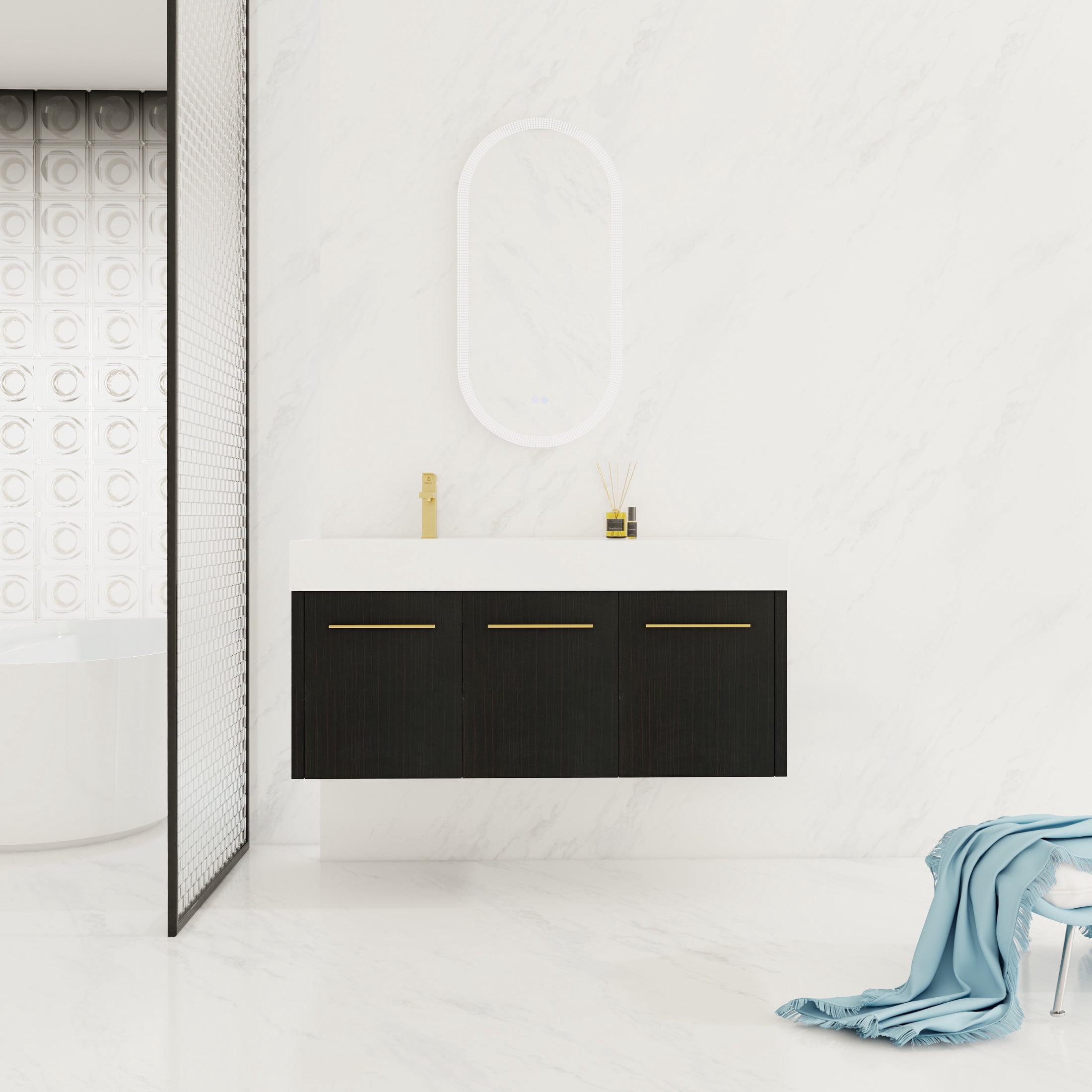 Noble House 48" Floating Wall-Mounted Bathroom Vanity, Thick-Edge Resin Sink, Soft-Close Doors, Black Chestnut