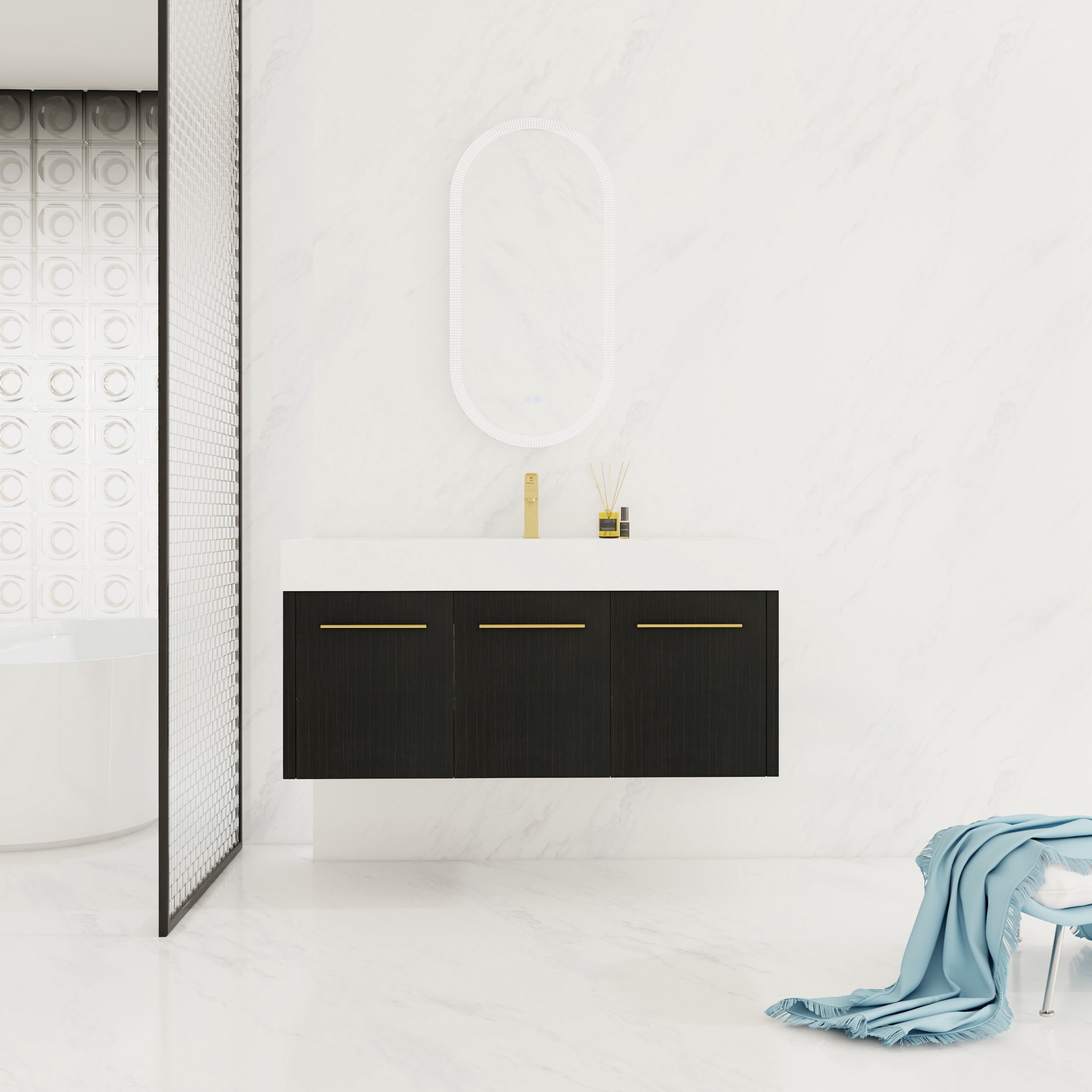 Noble House 48" Floating Wall-Mounted Bathroom Vanity with Thick-Edge Resin Sink, Soft-Close Doors, Black Chestnut
