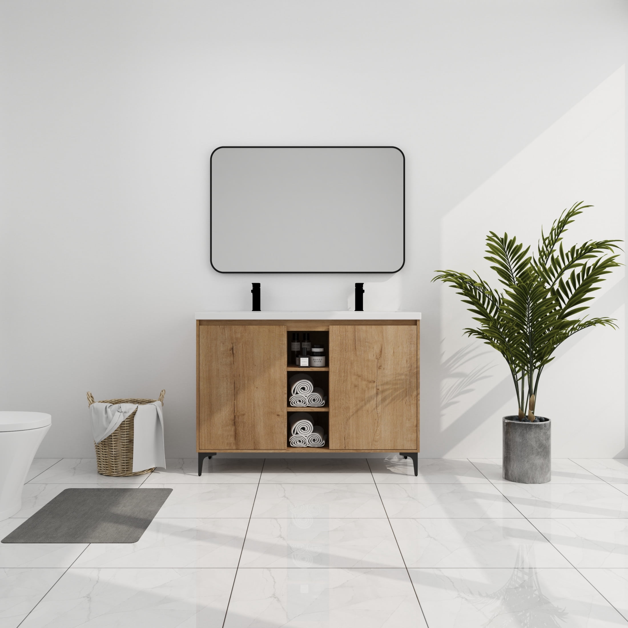 Noble House 48" Freestanding Bathroom Vanity, Double Resin Sinks, Soft-Close Doors, Adjustable Shelves, Imitative Oak