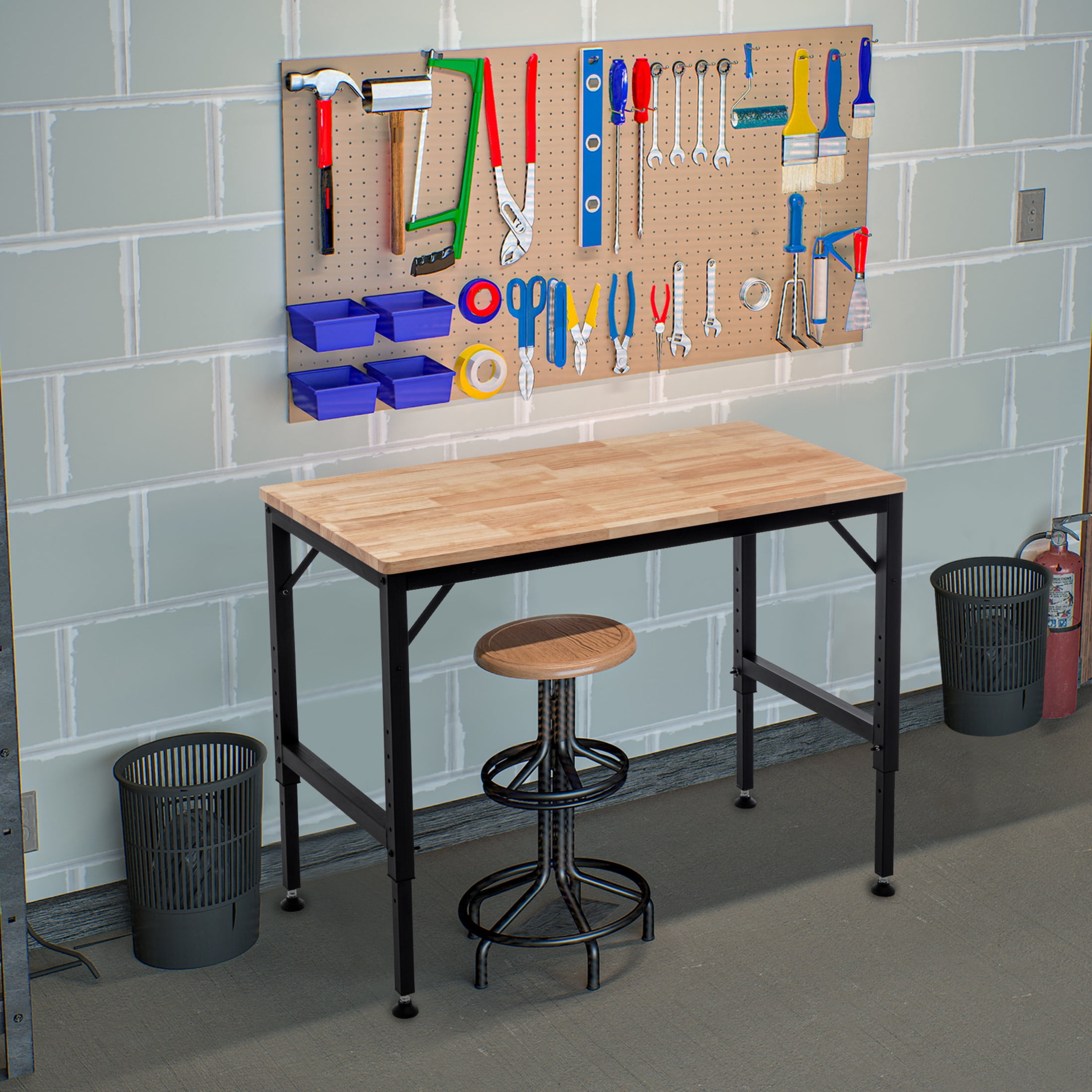 Noble House 48" Heavy-Duty Adjustable Workbench with Thick Rubber Wood Top, Hardwood Workstation, Black & Natural