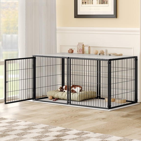 Noble House 48"L x 26"W Large Metal Dog Cage with Top, Indoor Kennel Playpen for Medium Dogs, Black