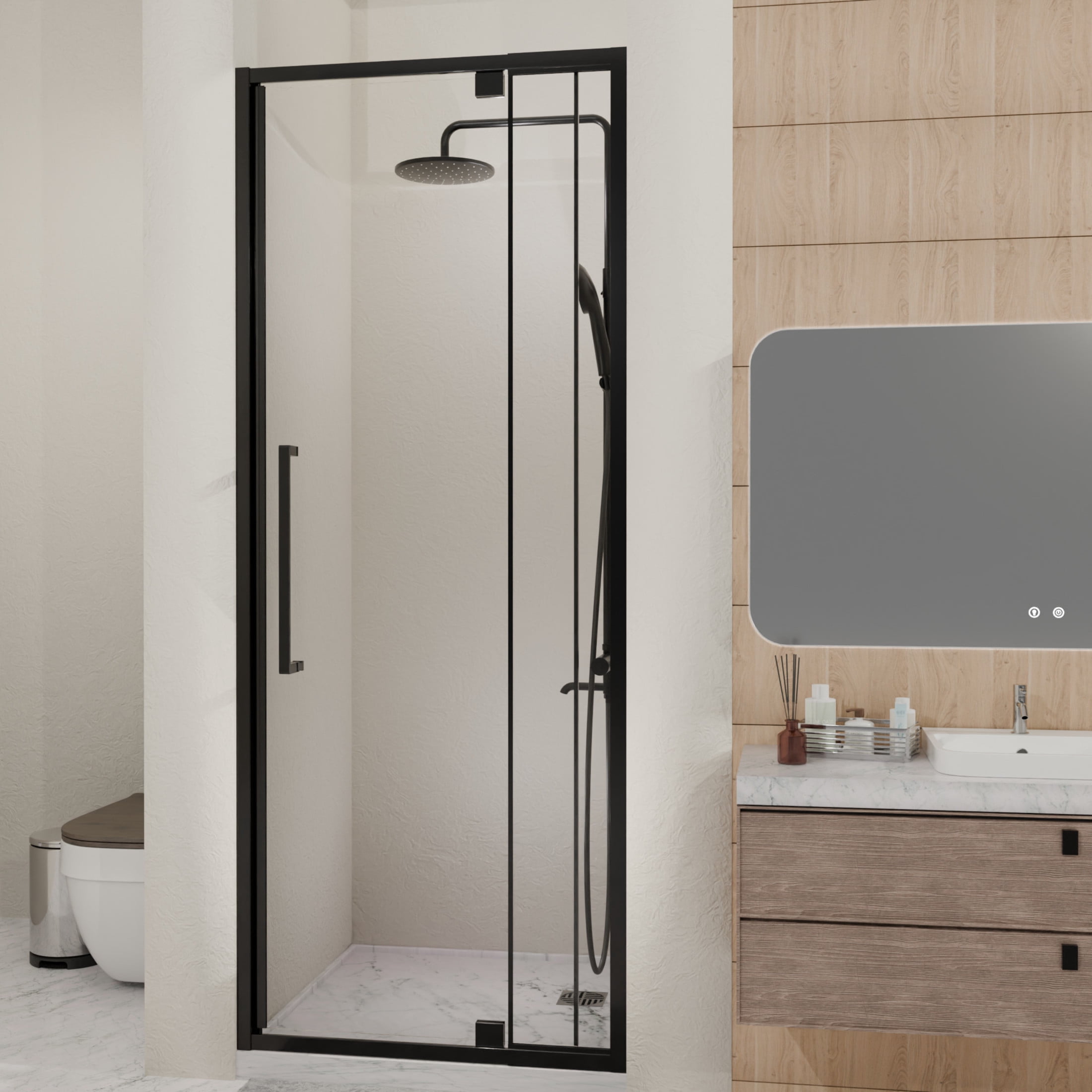 Noble House 48" Pivot Hinged Glass Shower Door, Adjustable Semi-Frameless Reversible Shower Door, Matte Black
