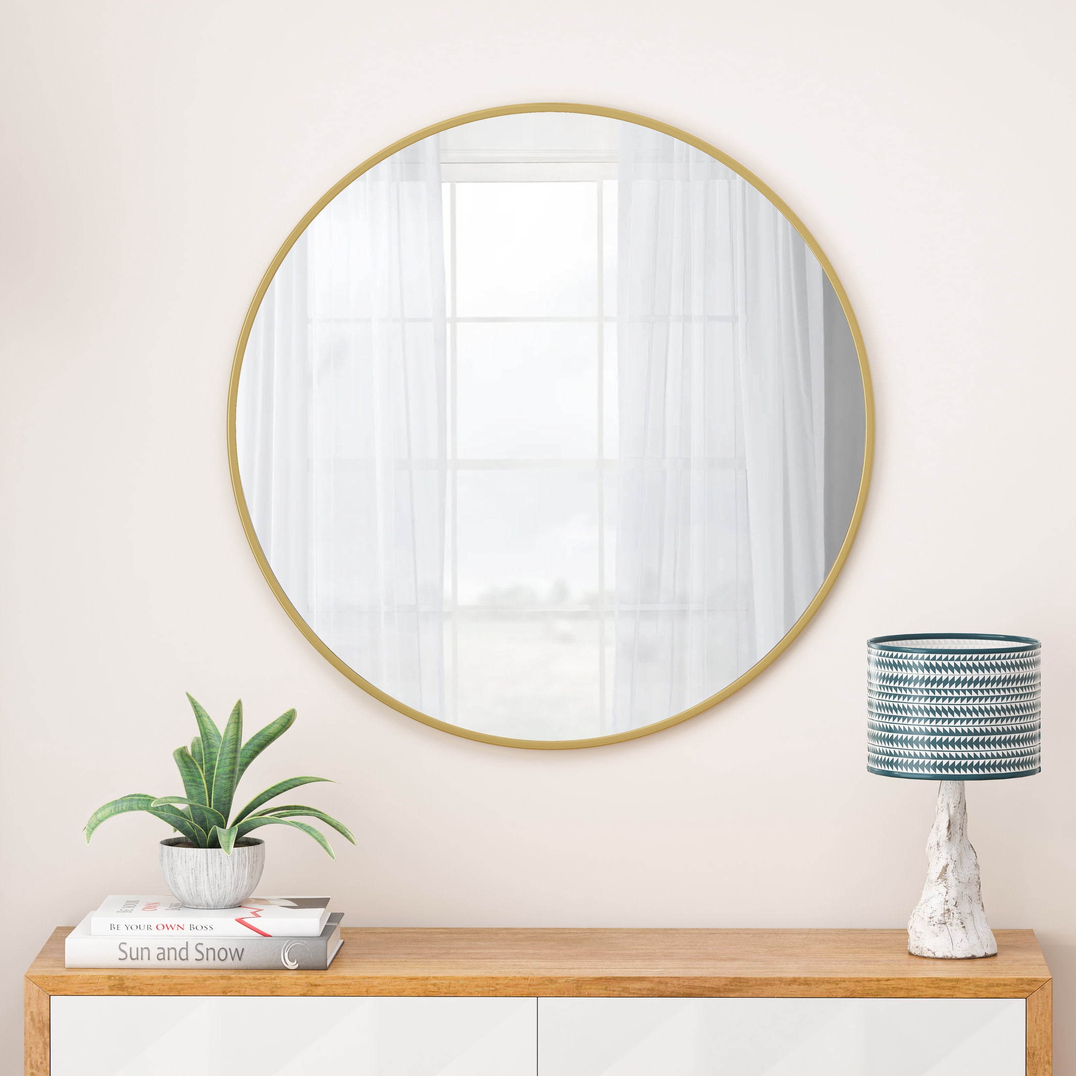 Noble House 48" Round Metal Wall Mirror, Modern Circular Vanity & Decorative Mirror for Bathroom & Bedroom, Gold