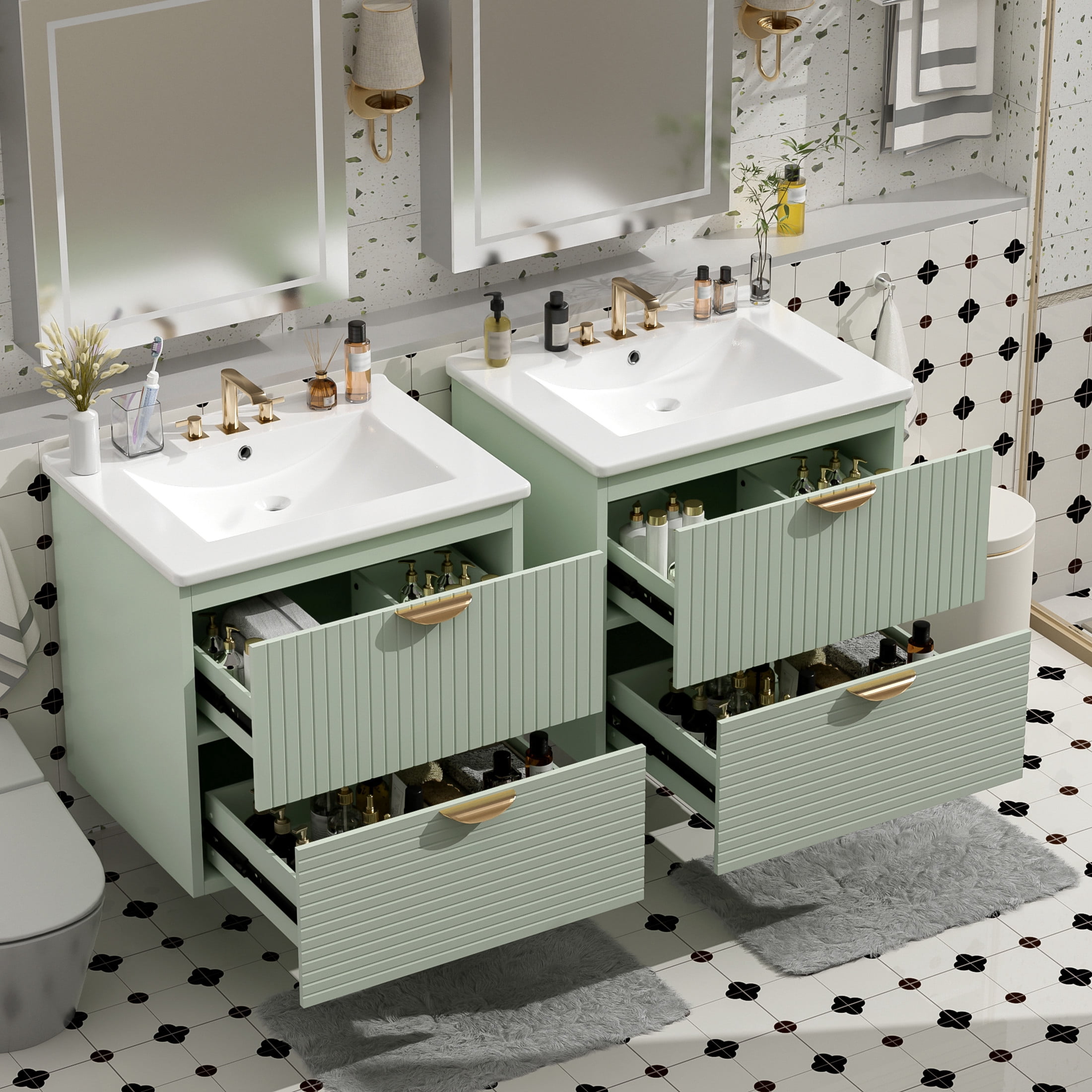 Noble House 48" Wall-Mounted Bathroom Vanity Set of 2, Double Ceramic Sinks, 4 Drawers & Gold Handles, Green