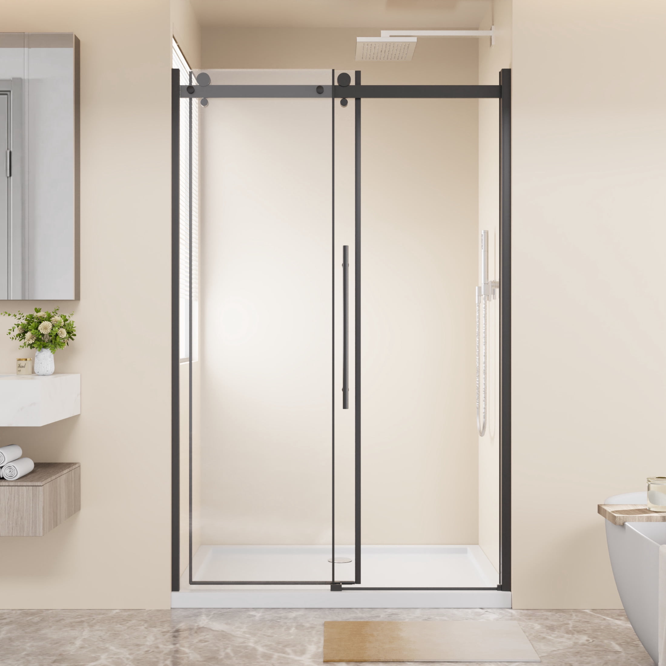 Noble House 48" x 72" Frameless Sliding Shower Door, Clear Tempered Glass with Roller System and Steel Handle, Matt Black
