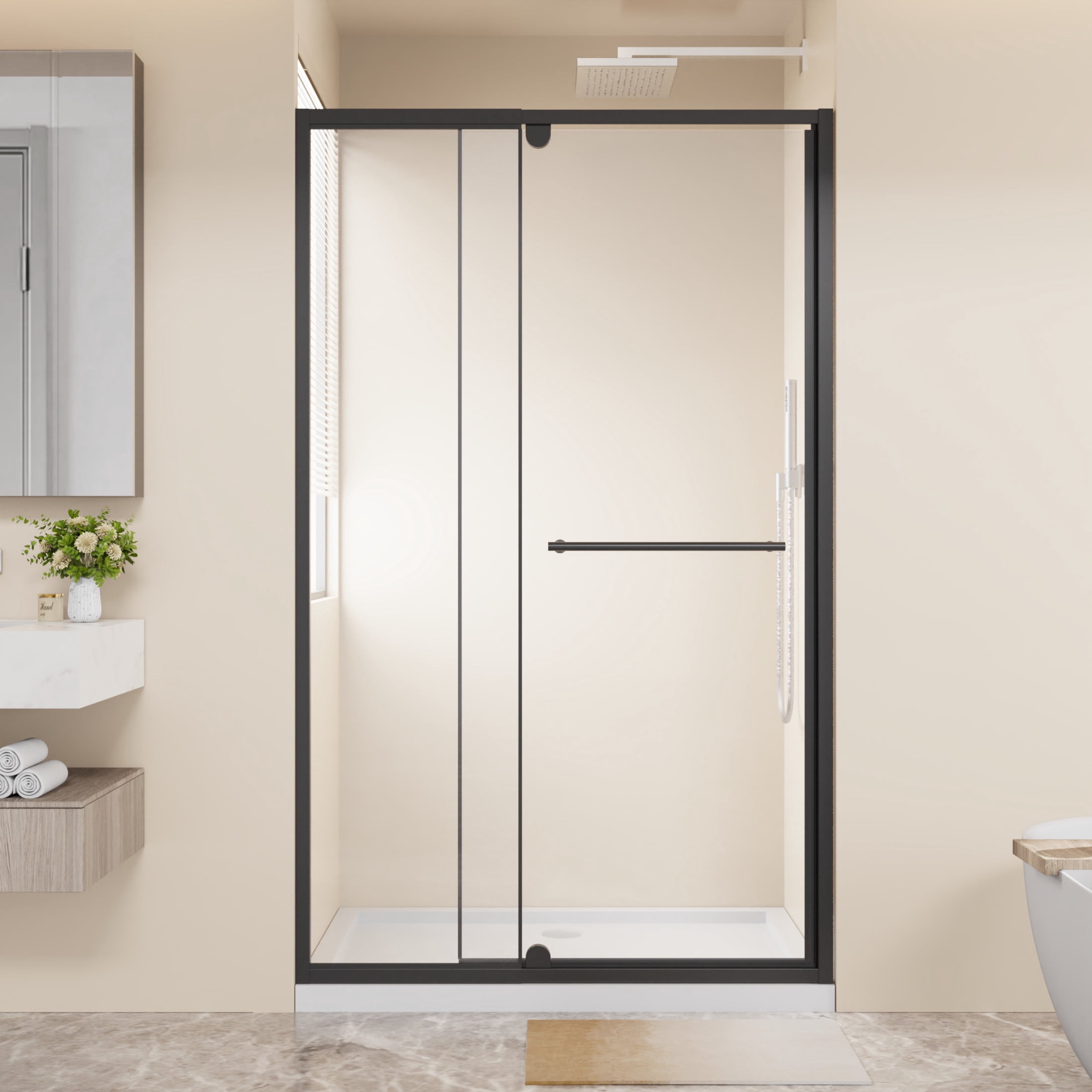 Noble House 48" x 72" Pivot Shower Door, Thick Clear Tempered Glass Swing Door with Stainless Steel Handle, Matt Black