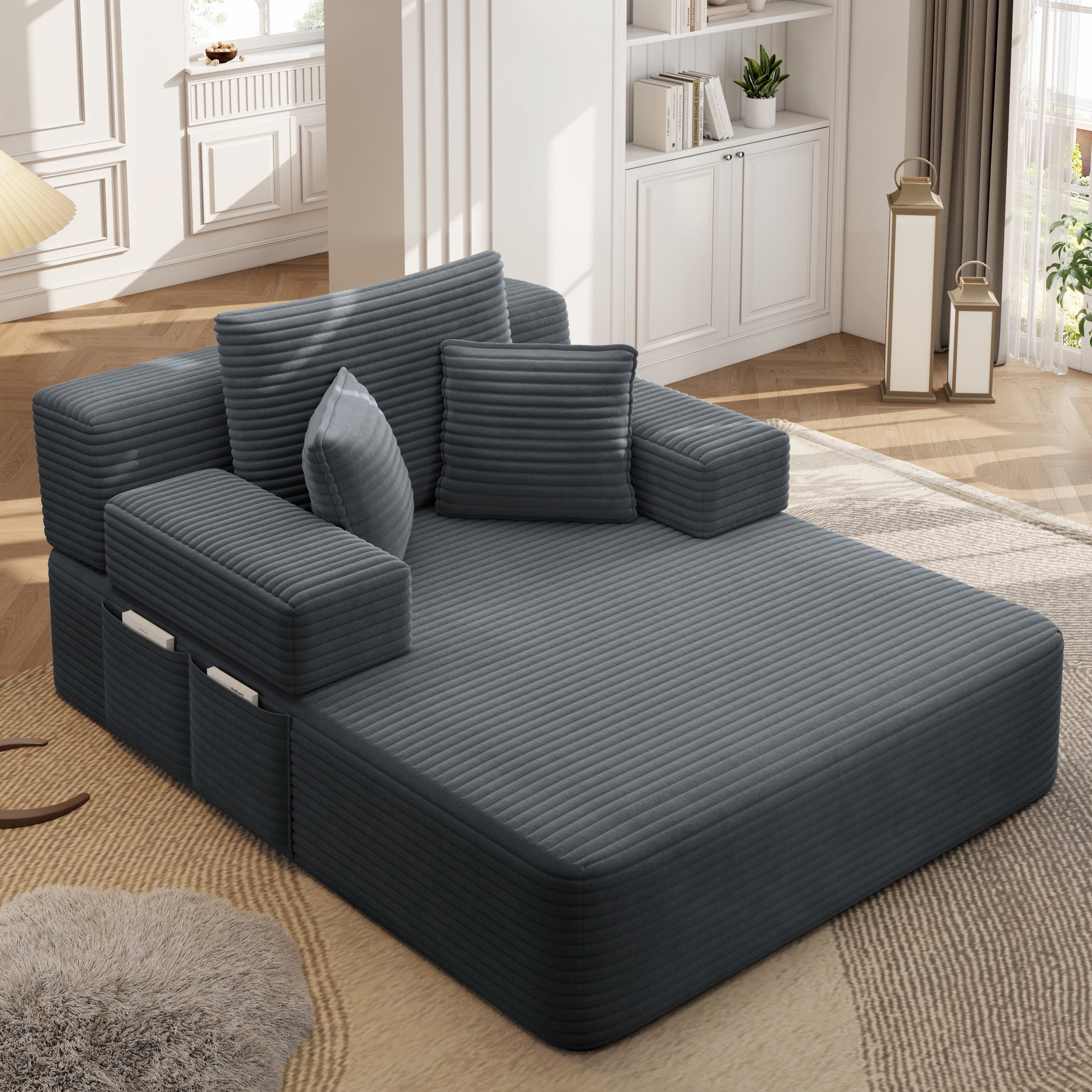 Noble House 49" Plush Corduroy Chaise Lounge, Convertible Sleeper Sofa Bed with Storage Pocket, Small Spaces, Dark Gray