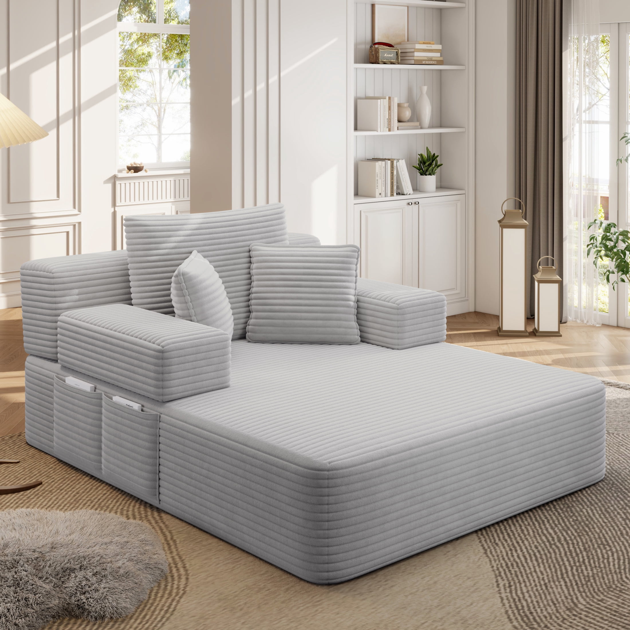 Noble House 49" Plush Corduroy Chaise Lounge, Convertible Sleeper Sofa Bed with Storage Pocket, Small Spaces, Light Gray