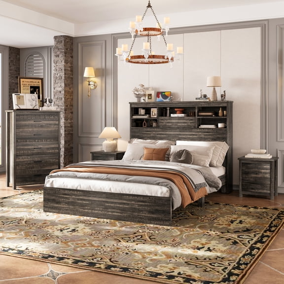 Noble House 4PCS Bedroom Set, Queen Bed with Storage Headboard & Charging Station, 2 Nightstands, 5-Drawer Dresser, Antique Gray