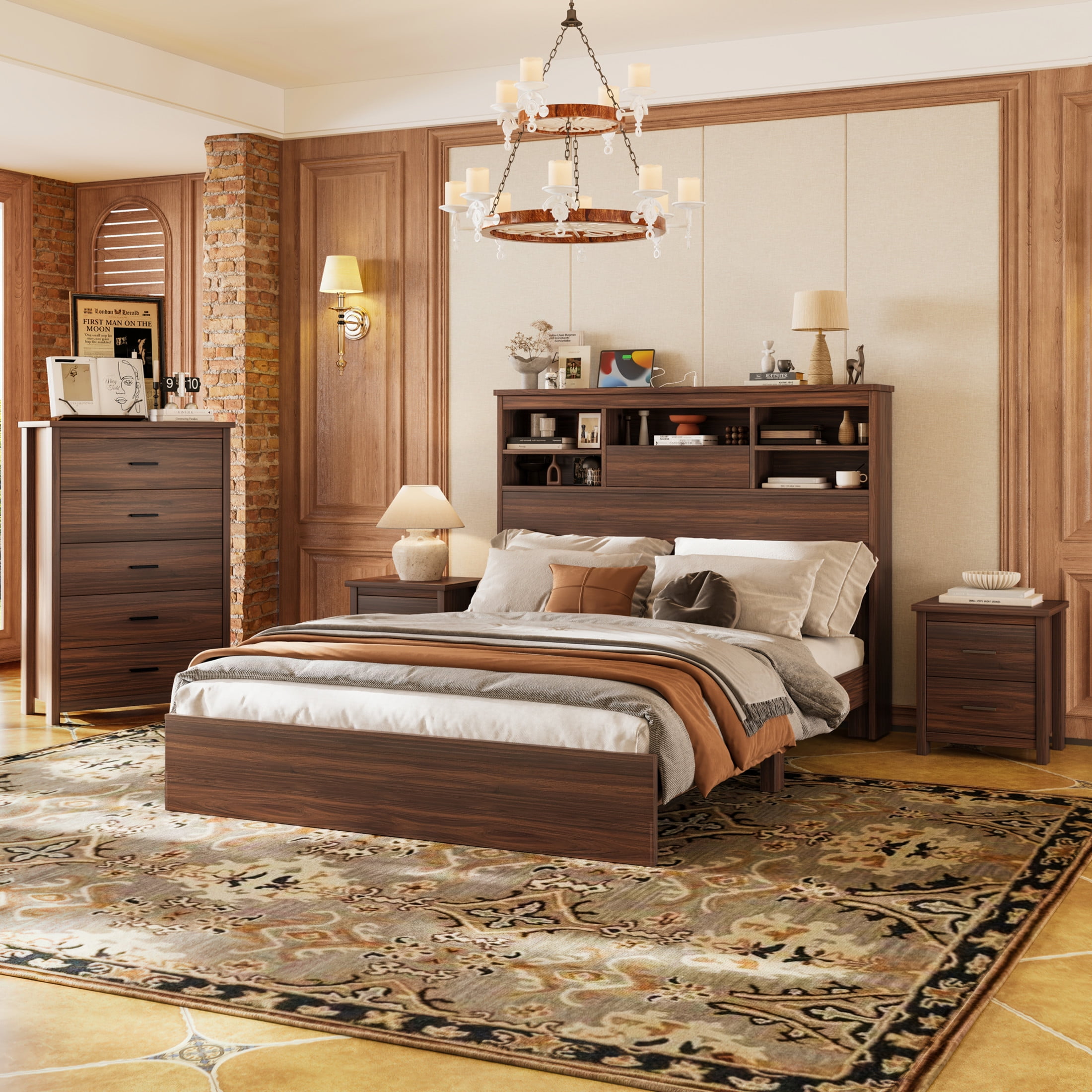 Noble House 4PCS Bedroom Set, Queen Bed with Storage Headboard & Charging Station, 2 Nightstands, 5-Drawer Dresser,Walnut