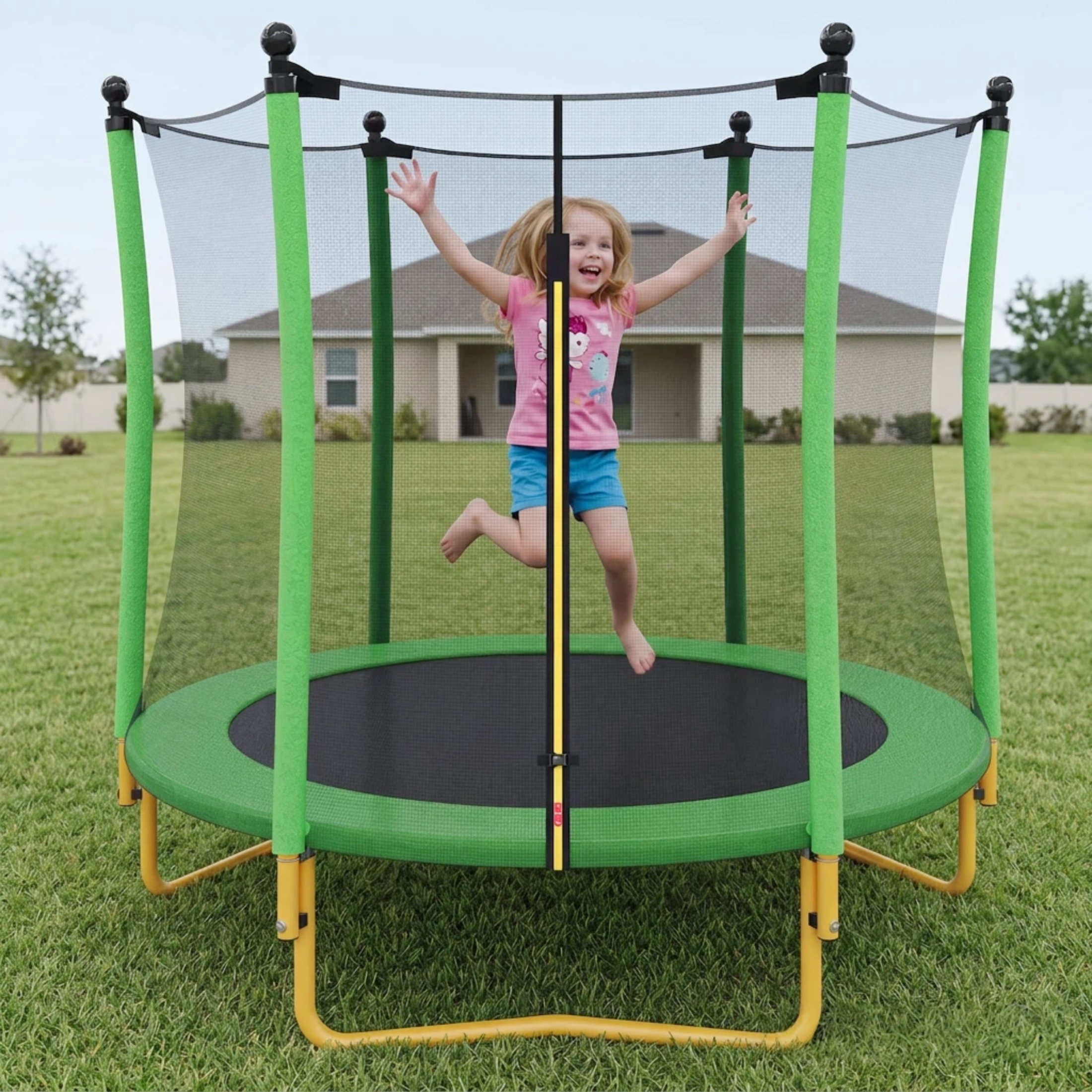 Noble House 5.5 FT Kids Trampoline with Safety Enclosure Net, Indoor Outdoor Trampoline, U-Shape Stable Legs, Green