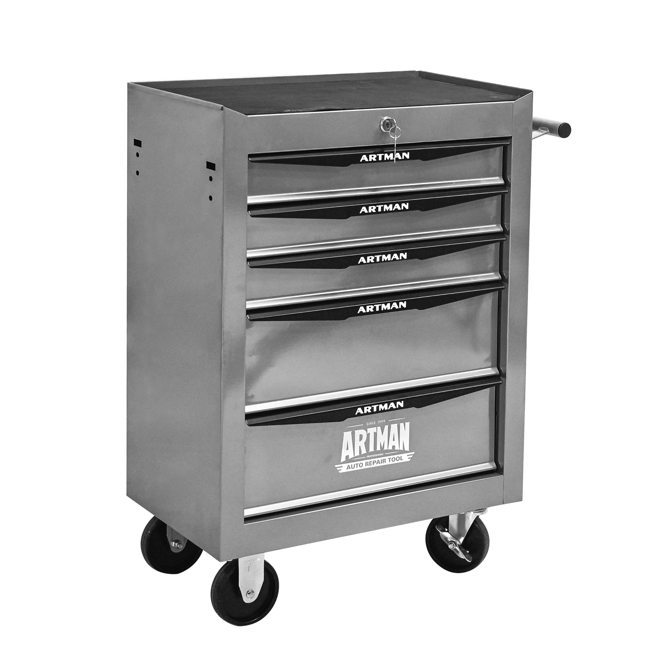 Noble House 5-Drawer Mobile Steel Tool Organizer with Key Lock, Ball Bearing Slide Storage Cabinet Box, Silver