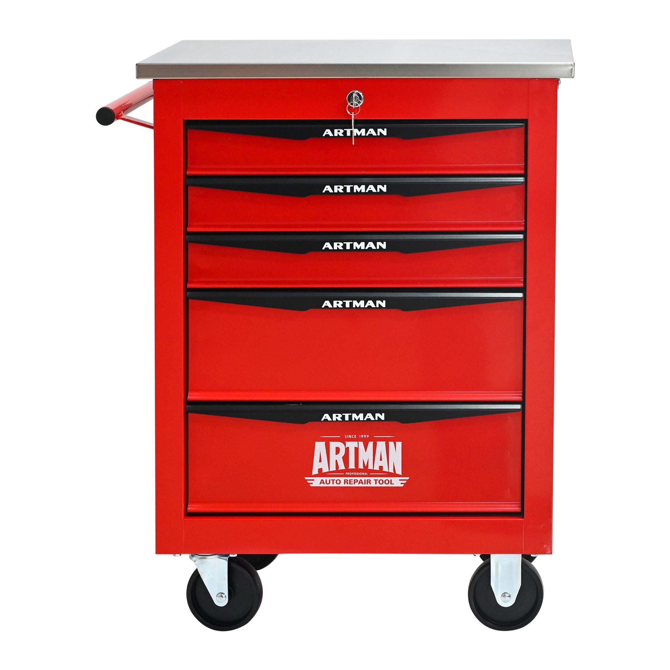 Noble House 5-Drawer Rolling Tool Organizer Cart, Steel Mobile Chest Storage with Worktop for Garage Workshop, Red