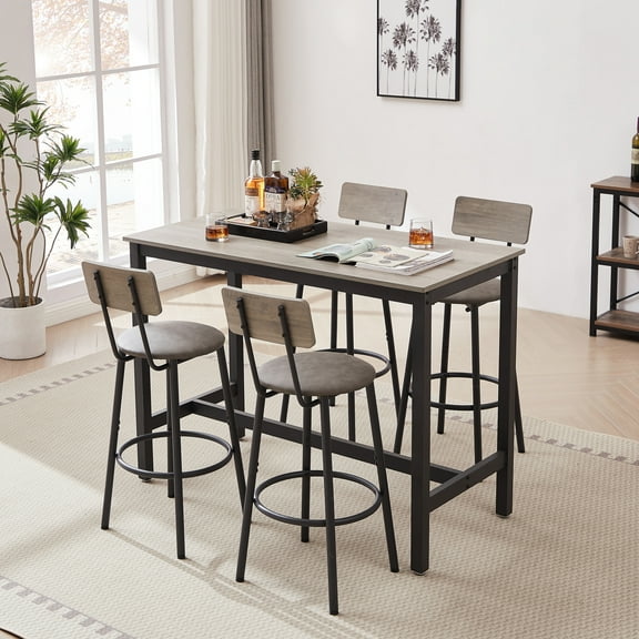 Noble House 5-Piece Bar Set, Rectangular Dining Table with 4 PU Cushioned Stools & Wooden Backrests, Grey