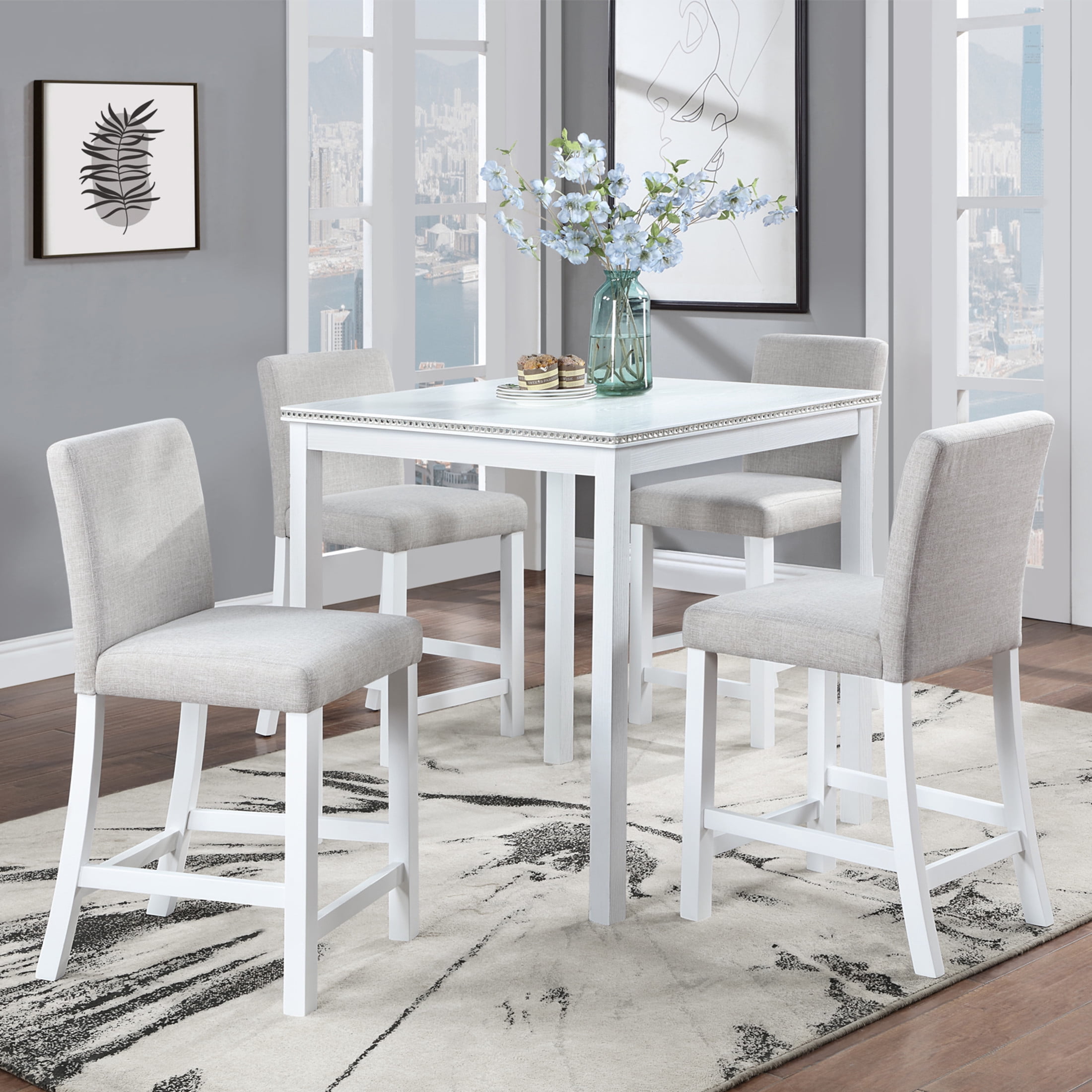 Noble House 5-Piece Counter Height Dining Set with Linen Upholstered Chairs, Square Table with Crystal Trim, White+Light Gray