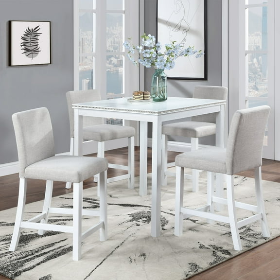 Noble House 5-Piece Counter Height Dining Set with Linen Upholstered Chairs, Square Table with Crystal Trim, White+Light Gray