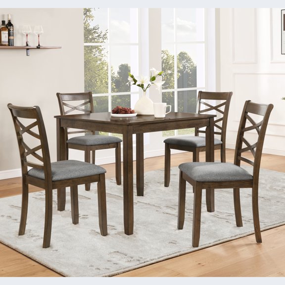 Noble House 5-Piece Dining Set, Square Wooden Table with 4 Upholstered Chairs for Kitchen and Dining Room, Walnut