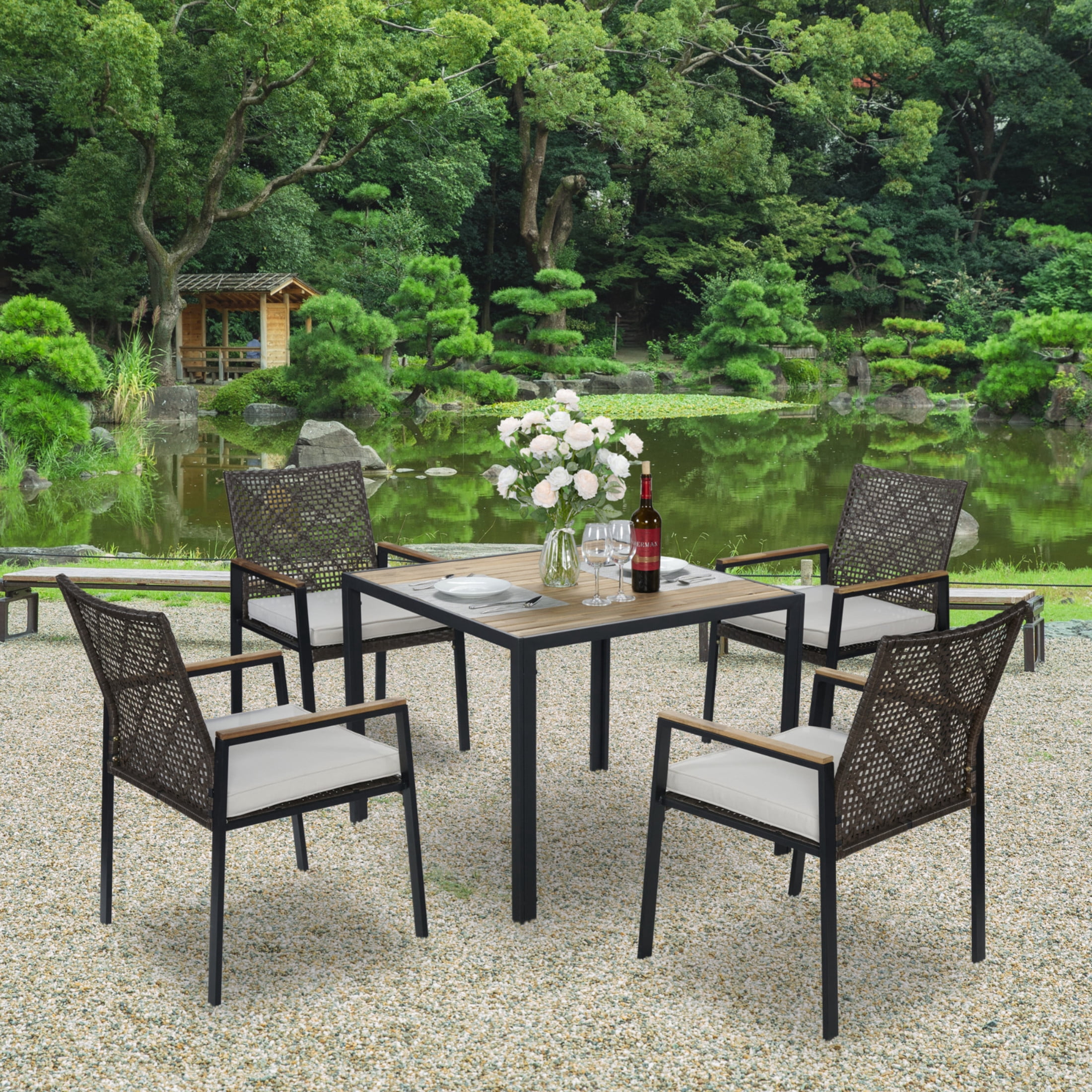 Noble House 5-Piece Outdoor Patio Dining Set, Acacia Wood & Rattan Conversation Set with Umbrella Hole, Dark Brown