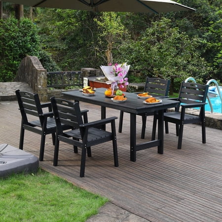 Noble House 5-Piece Outdoor Patio Dining Set, Rectangular Table with Umbrella Hole and 4 Armchairs for Garden, Black