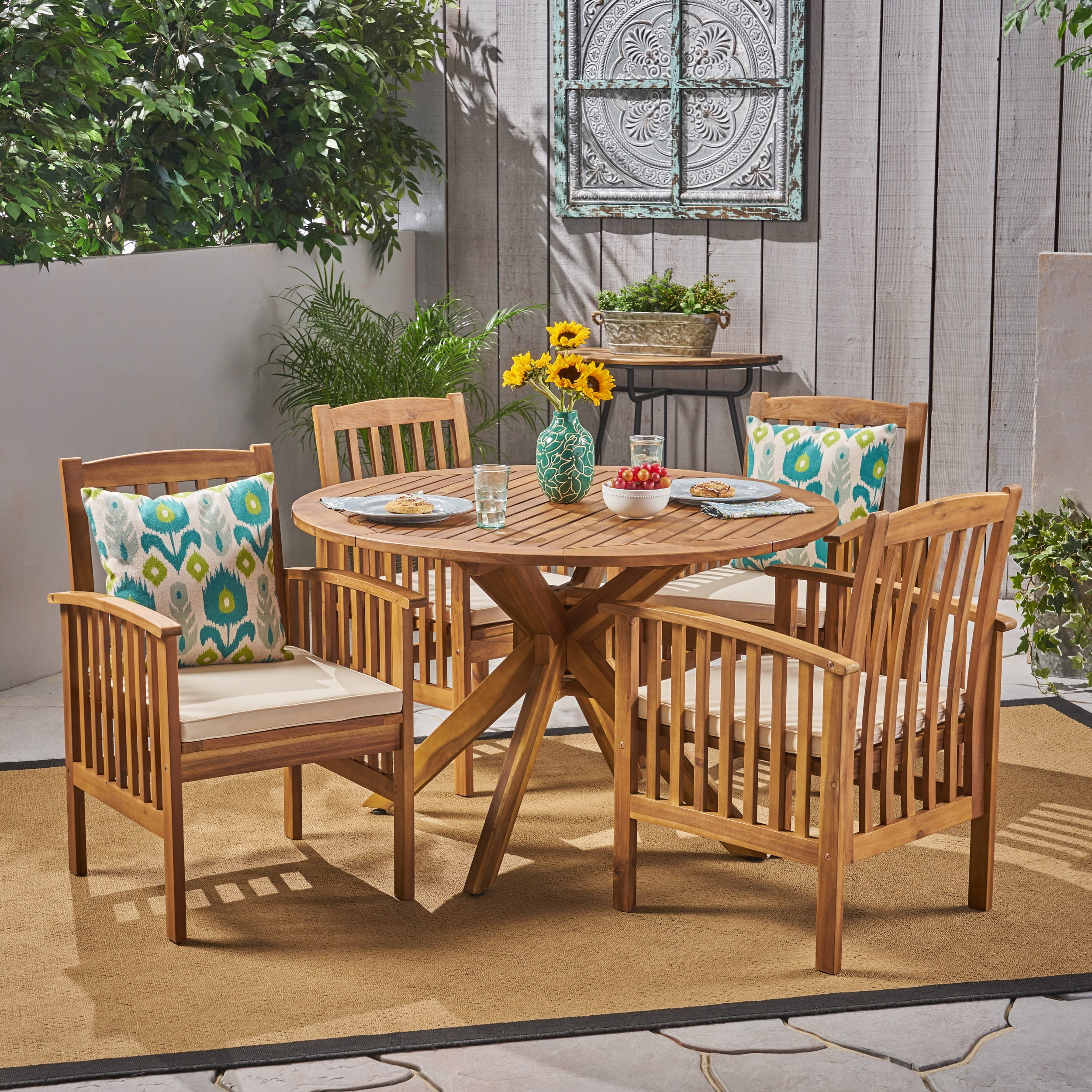 Noble House 5-Piece Traditional Acacia Wood Water-Resistant Dining Furniture Set Teak/Cream