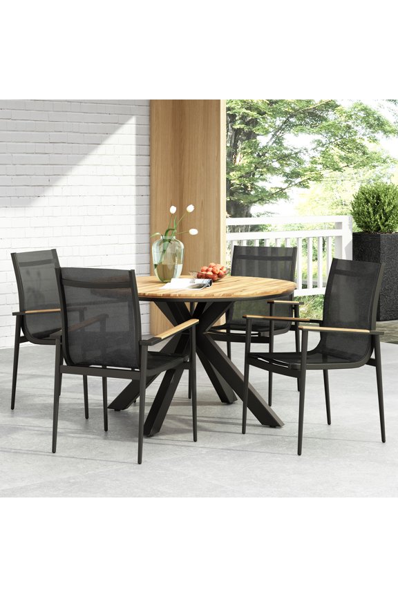 5 Piece Transitional Outdoor Dining Table Set, Black/Natural/Teak