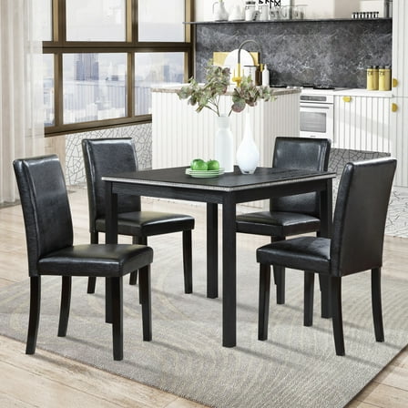 Noble House 5-Piece Wooden Dining Set, Square Table with Crystal Trim and PU Leather Upholstered Chairs, Black