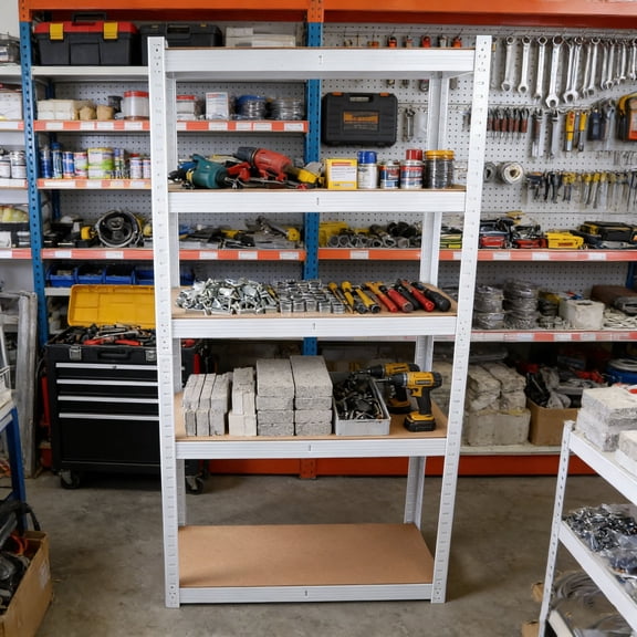 GDF Studio 5-Tier Adjustable Laminated Metal Shelving Unit, Heavy Duty Garage Utility Rack, Multipurpose Shelf, White