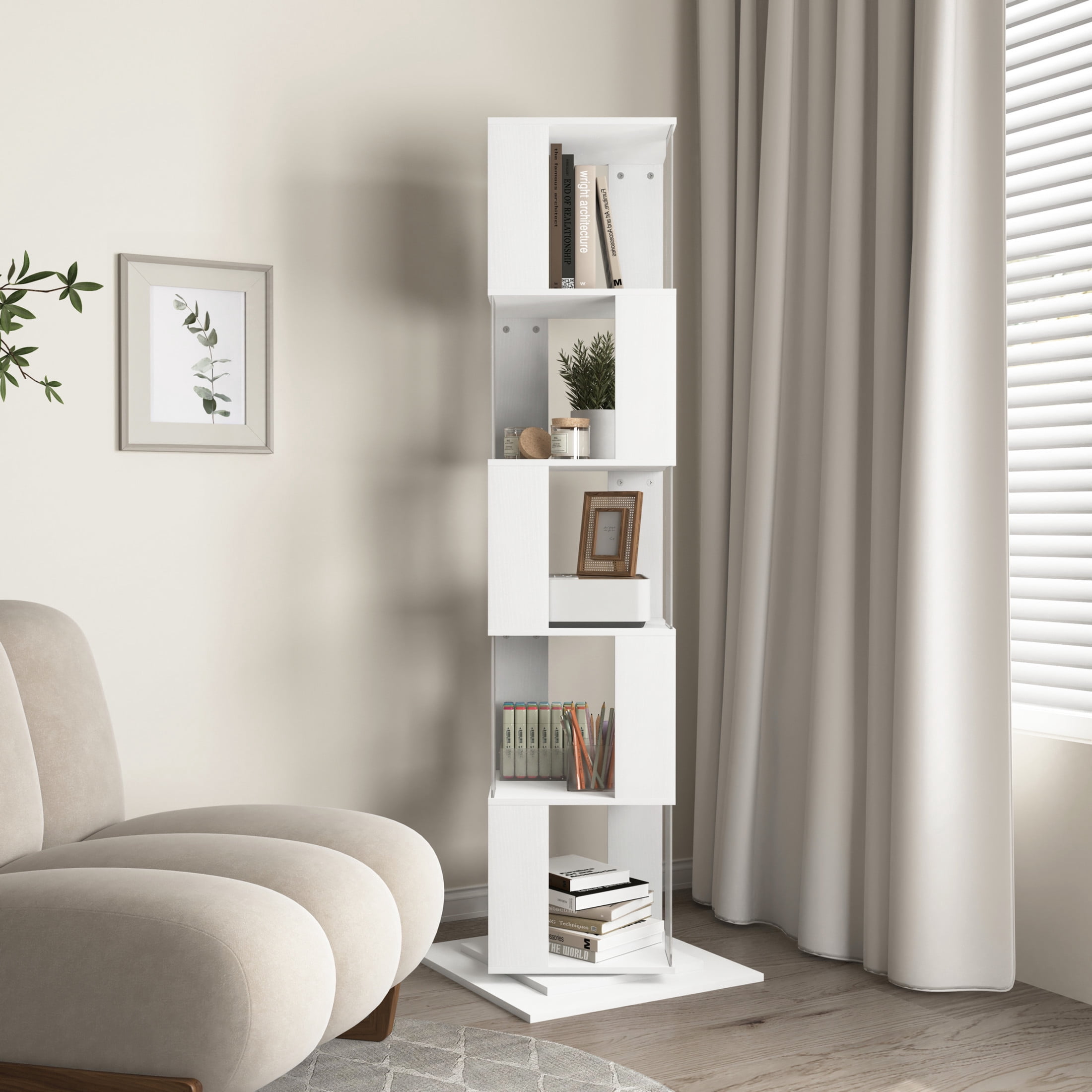 Noble House 5-Tier Rotating Bookshelf with Acrylic Panels, Anti-Toppling Base, White