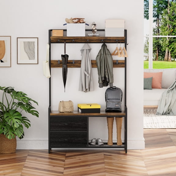 Noble House 5-in-1 Entryway Hall Tree with 23 Hooks, Industrial Bench with Shoe Storage and Garment Racks, Rustic Brown