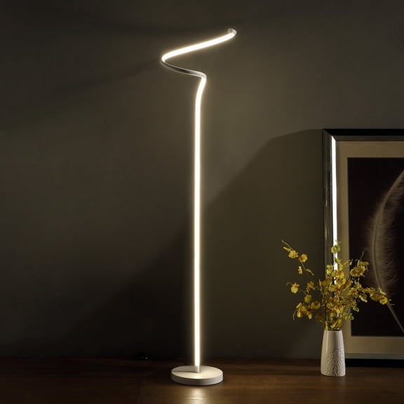 Noble House 52.5" LED Spiral Floor Lamp, S-Curve Spiral Tube, Dimmable Button, Space Saving Design, Matte White