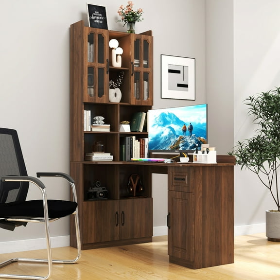 Noble House 55" L-Shaped Corner Computer Desk with Hutch, Storage Cabinets & Bookshelf, Large Workstation, Walnut