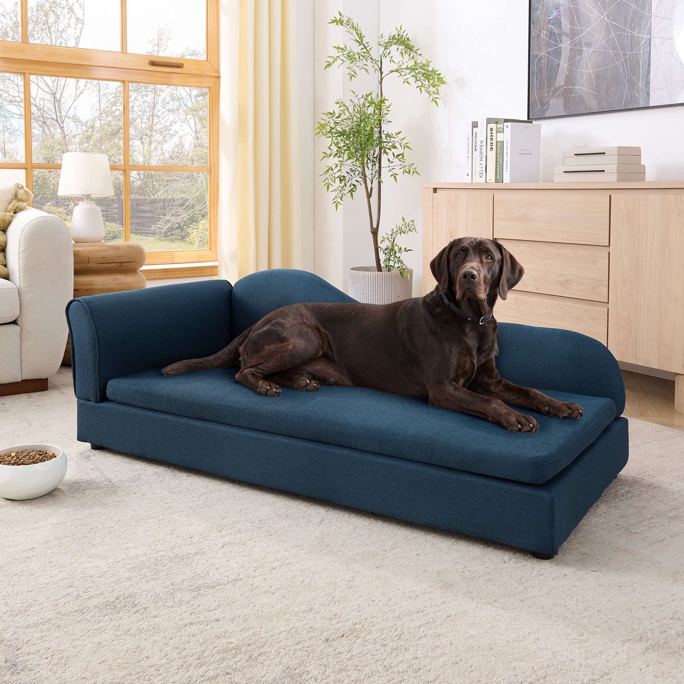 Noble House 55" Linen Upholstered Oversized Pet Sofa, Irregular Wave Backrest Dog Bed with Single Armrest, Dark Blue