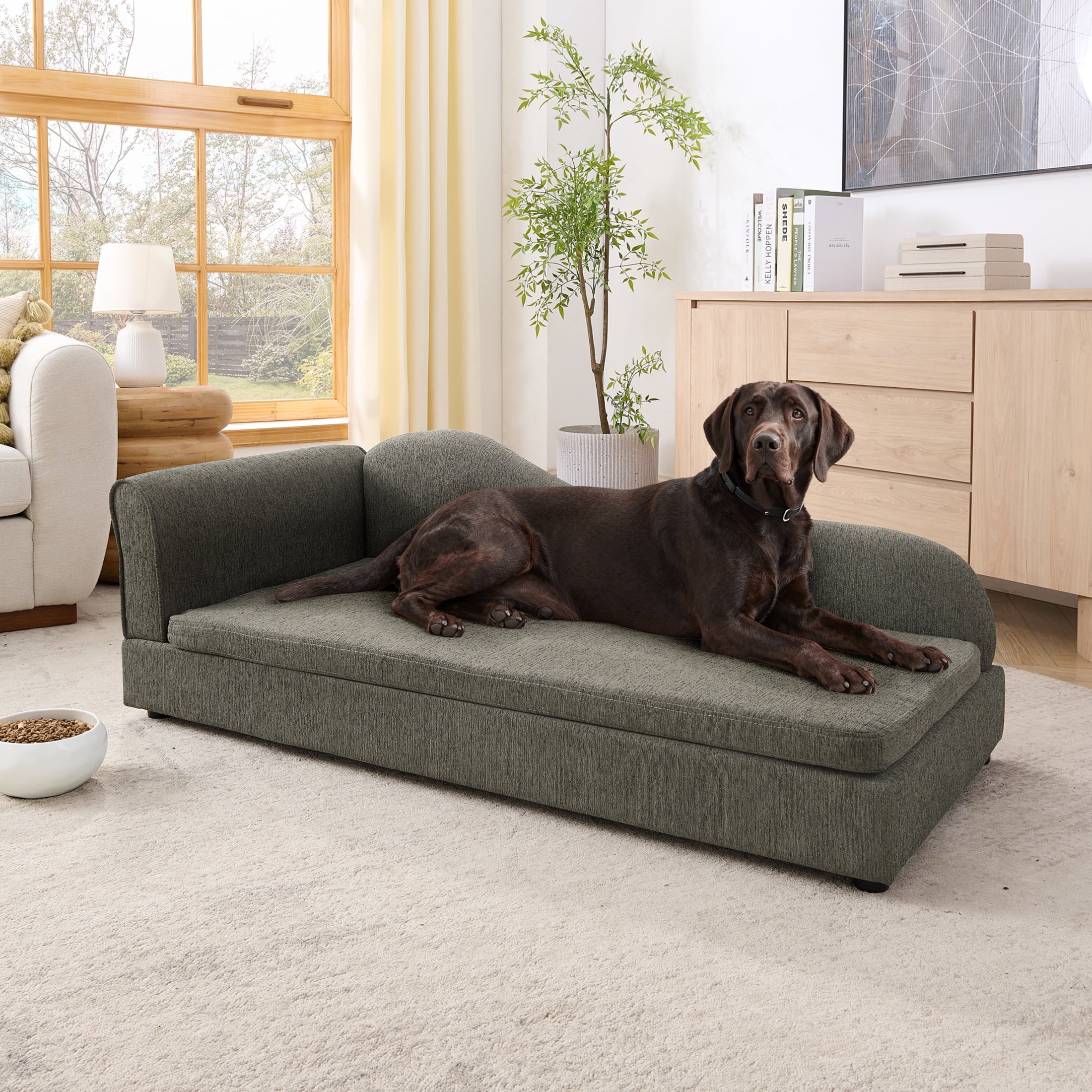 Noble House 55" Linen Upholstered Oversized Pet Sofa, Irregular Wave Backrest Dog Bed with Single Armrest, Dark Gray