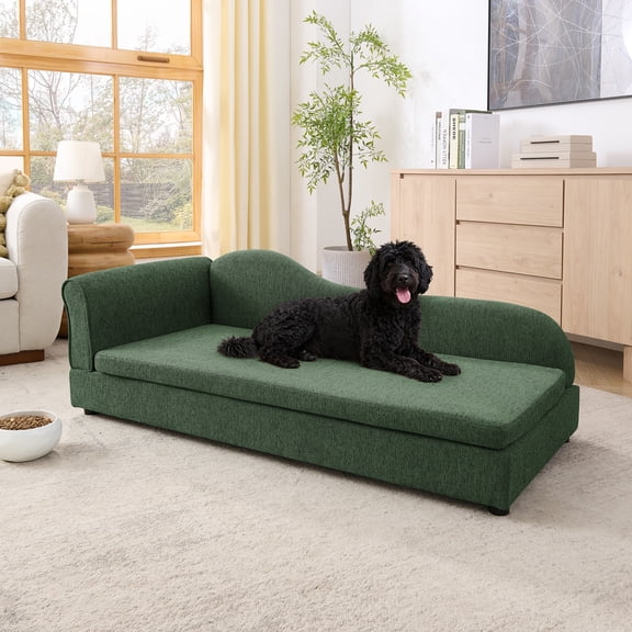 Noble House 55" Linen Upholstered Oversized Pet Sofa, Irregular Wave Backrest Dog Bed with Single Armrest, Olive Green