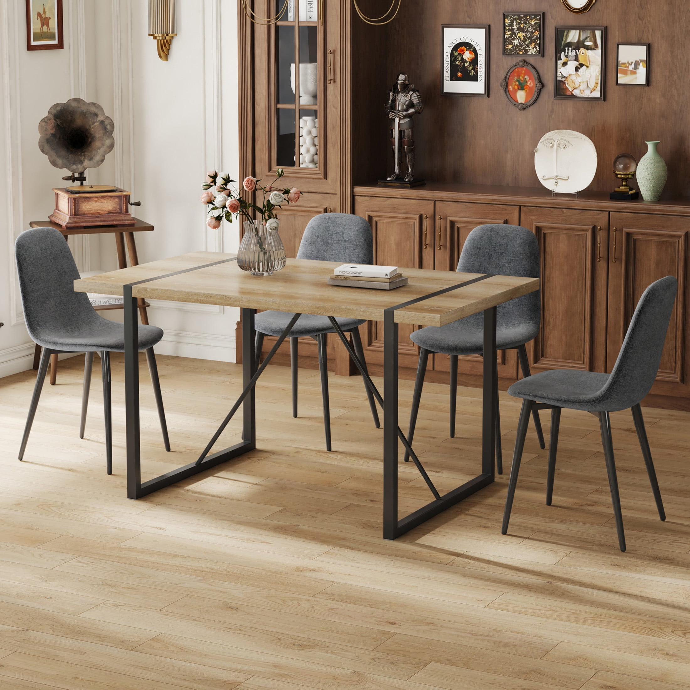 Noble House 55" Modern Dining Table and Chairs, MDF Wooden Top, Black Metal Legs, Rustic Industrial, Dark Gray