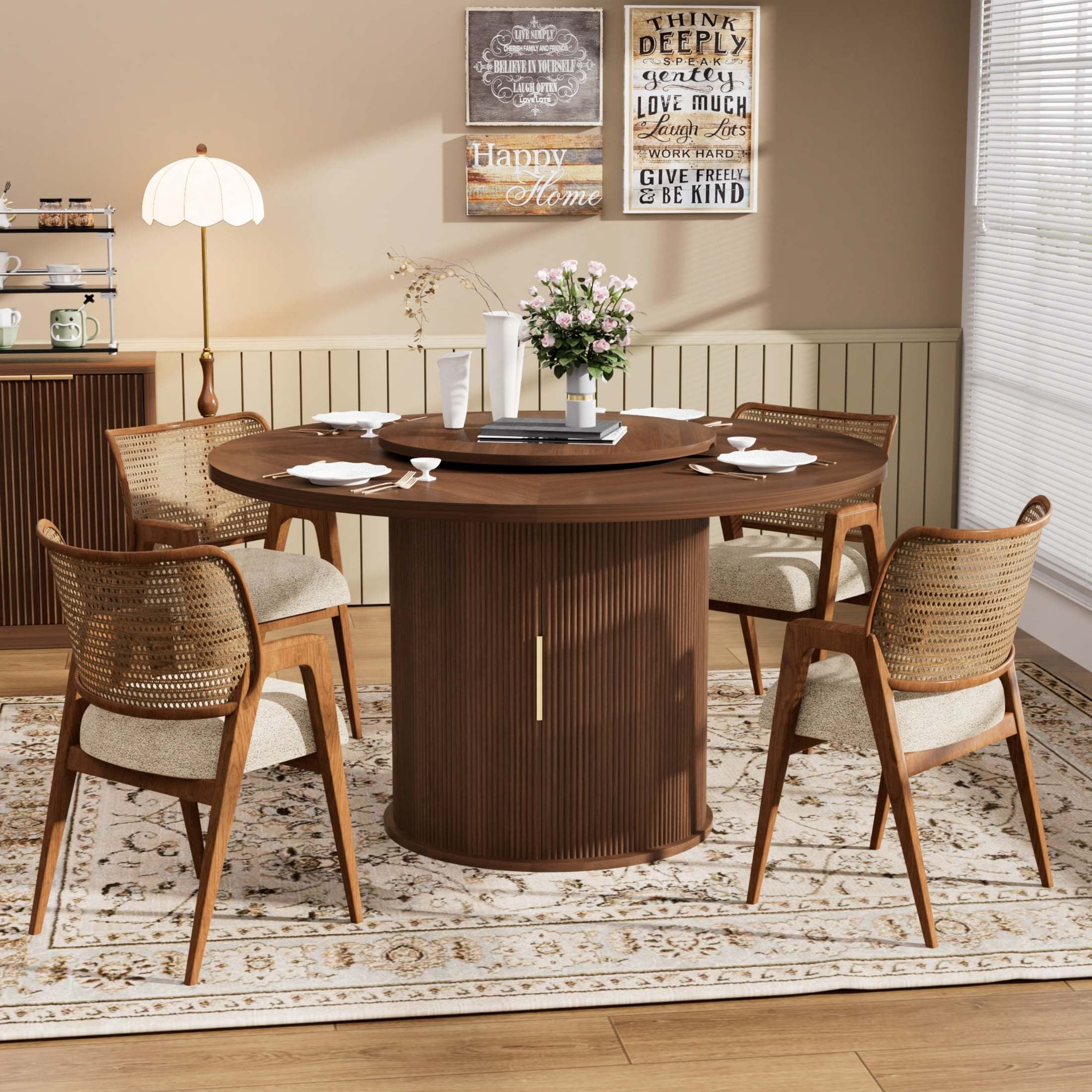 Noble House 55" Round Dining Table for 6, Double-Tier Storage, Rotating Tray, Wavy Sliding Doors, Walnut