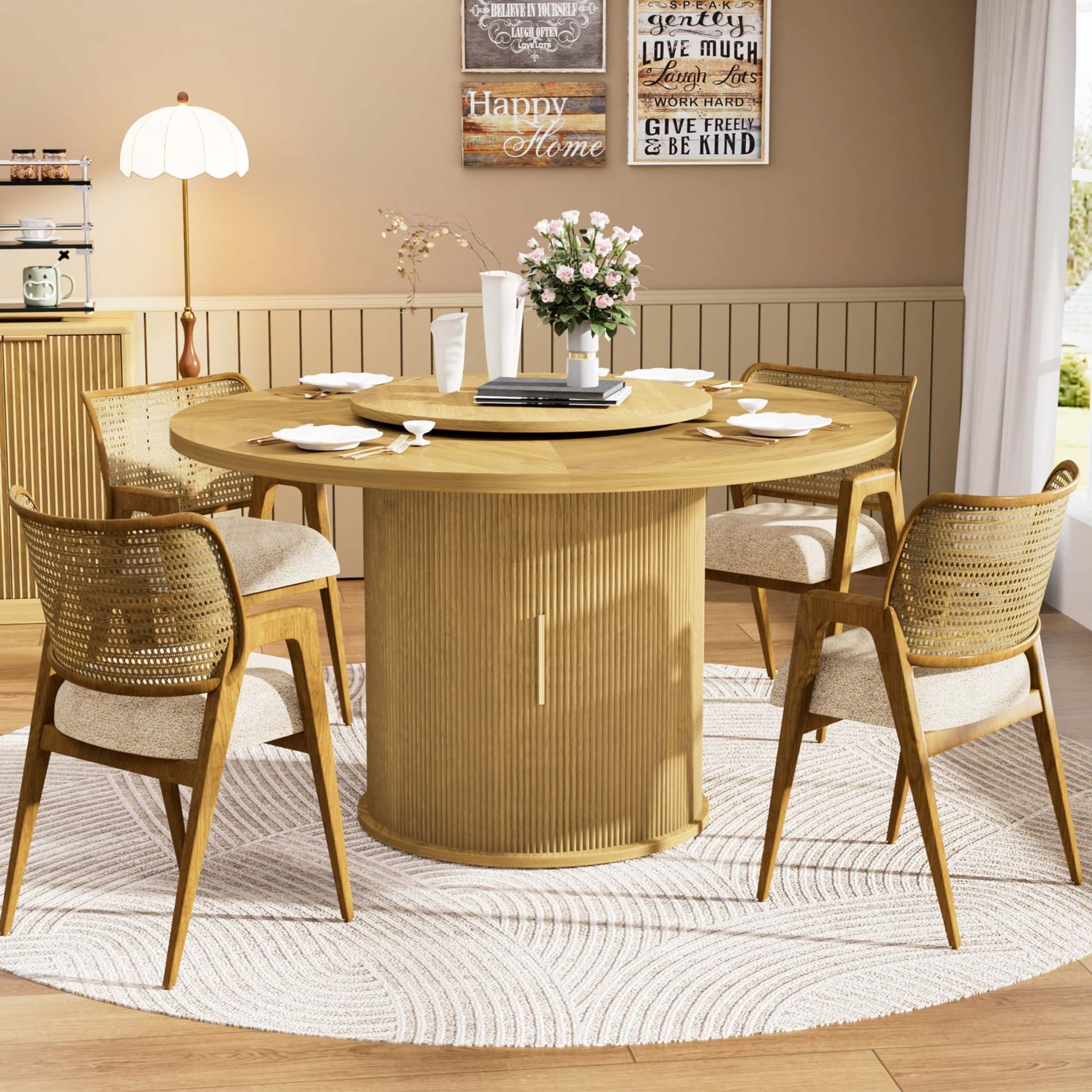 Noble House 55" Round Dining Table for 6, Double-Tier Storage, Rotating Tray, Wavy Sliding Doors, Walnut