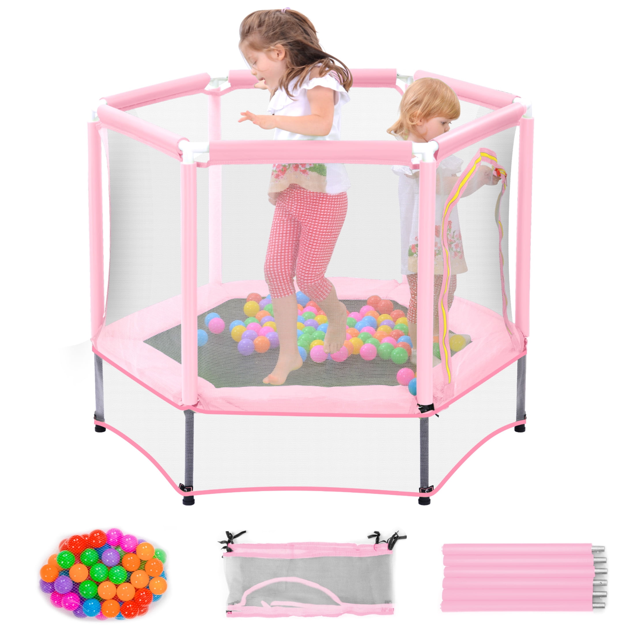 Noble House 55" Trampoline for Kids with Safety Enclosure Net & Ocean Balls, Pink