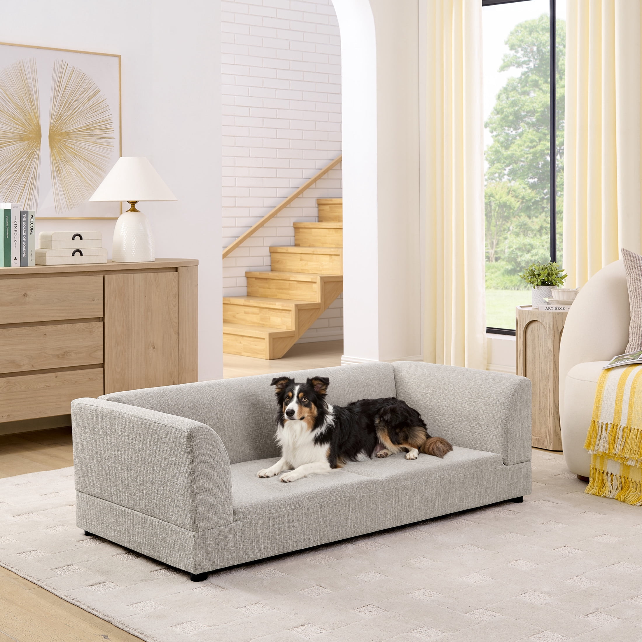 Noble House 57" Comfortable Oversized Pet Sofa, Modern Rectangular Dog Bed with Armrests and Cushion, Beige