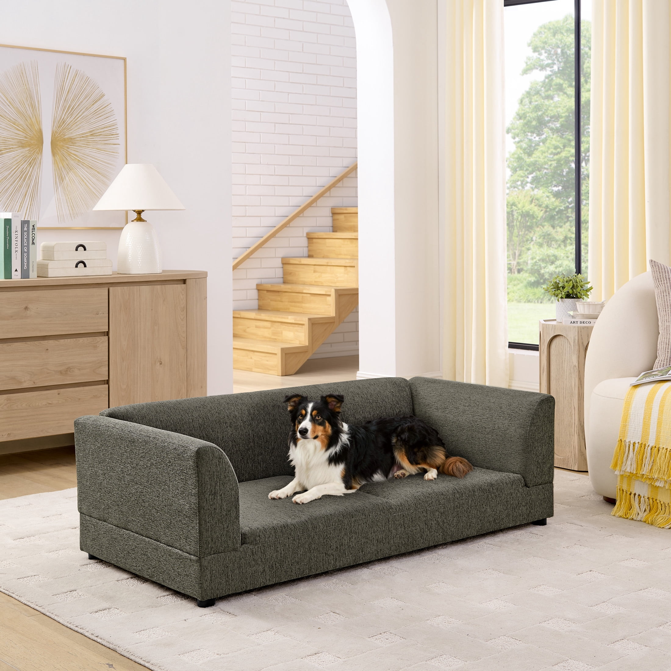 Noble House 57" Comfortable Oversized Pet Sofa, Modern Rectangular Dog Bed with Armrests and Cushion, Dark Gray